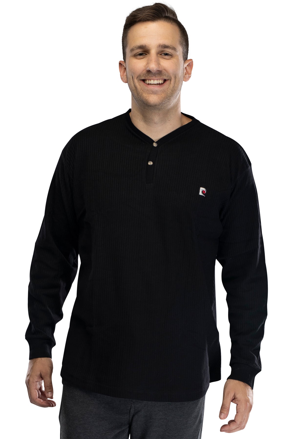 Mens Long Sleeve Cotton Rib Henley Lounge Top Shirt
