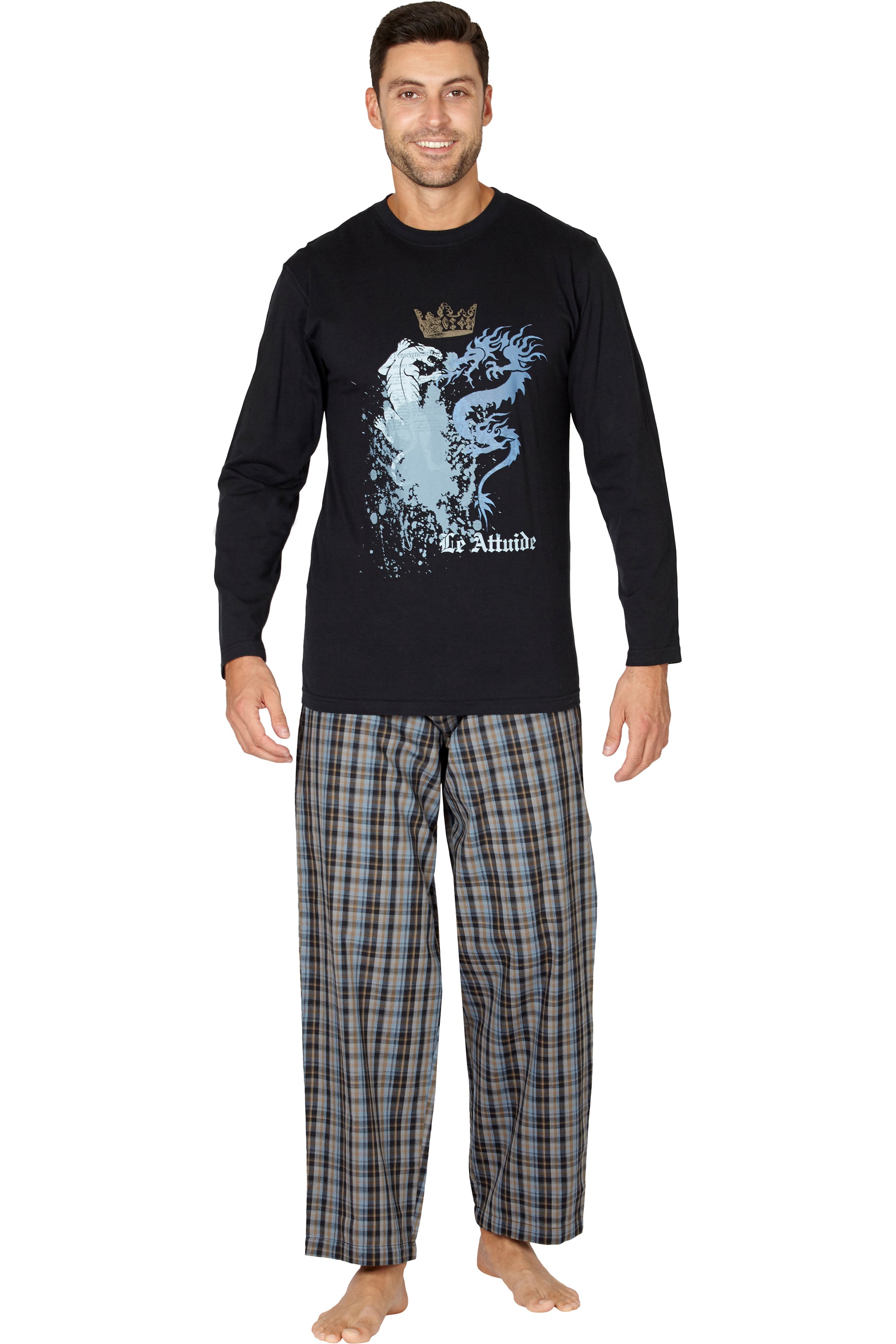 Intimo Men's Woven Pant With Long Sleeve Screen Print T-Shirt Set