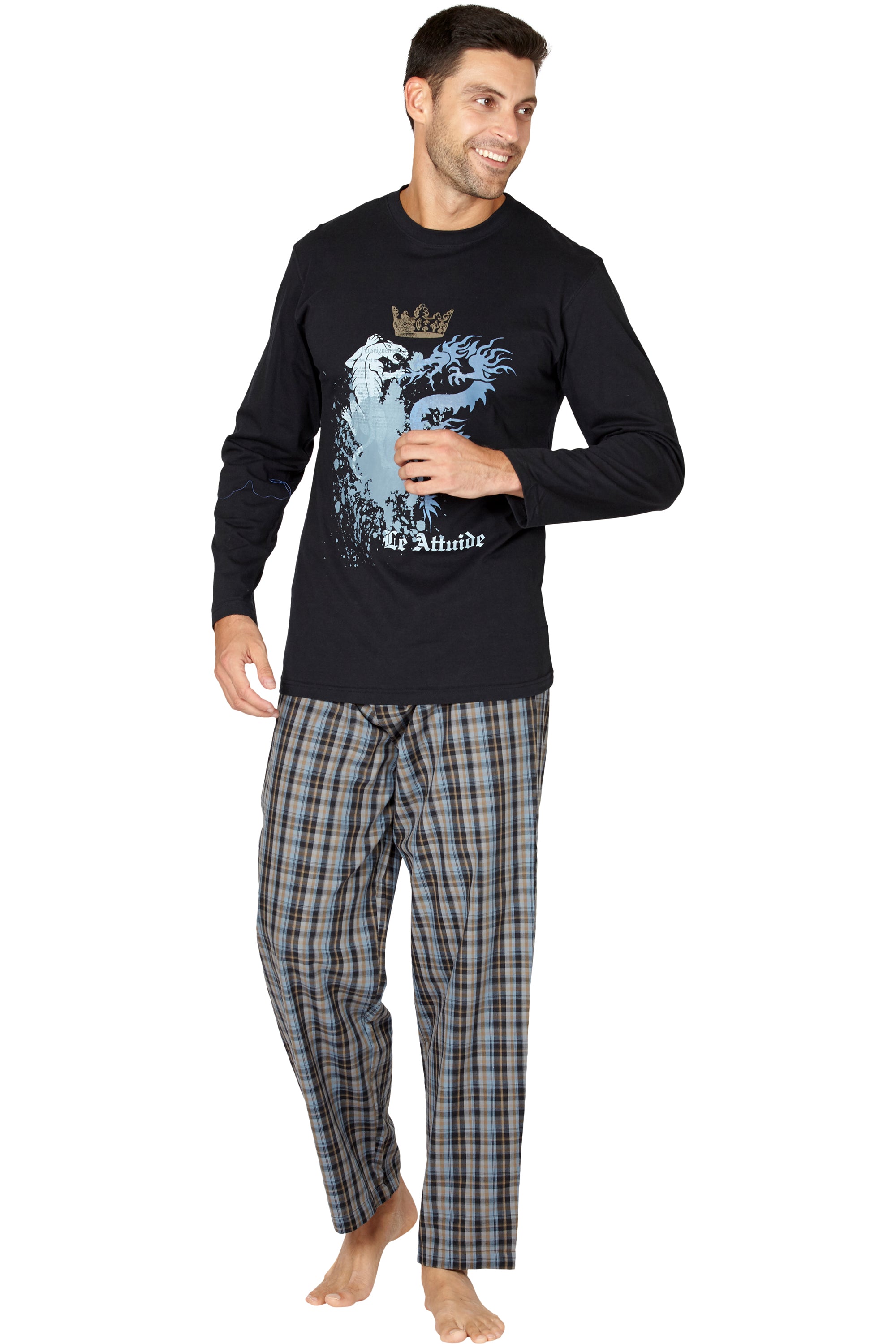 Intimo Men's Woven Pant With Long Sleeve Screen Print T-Shirt Set