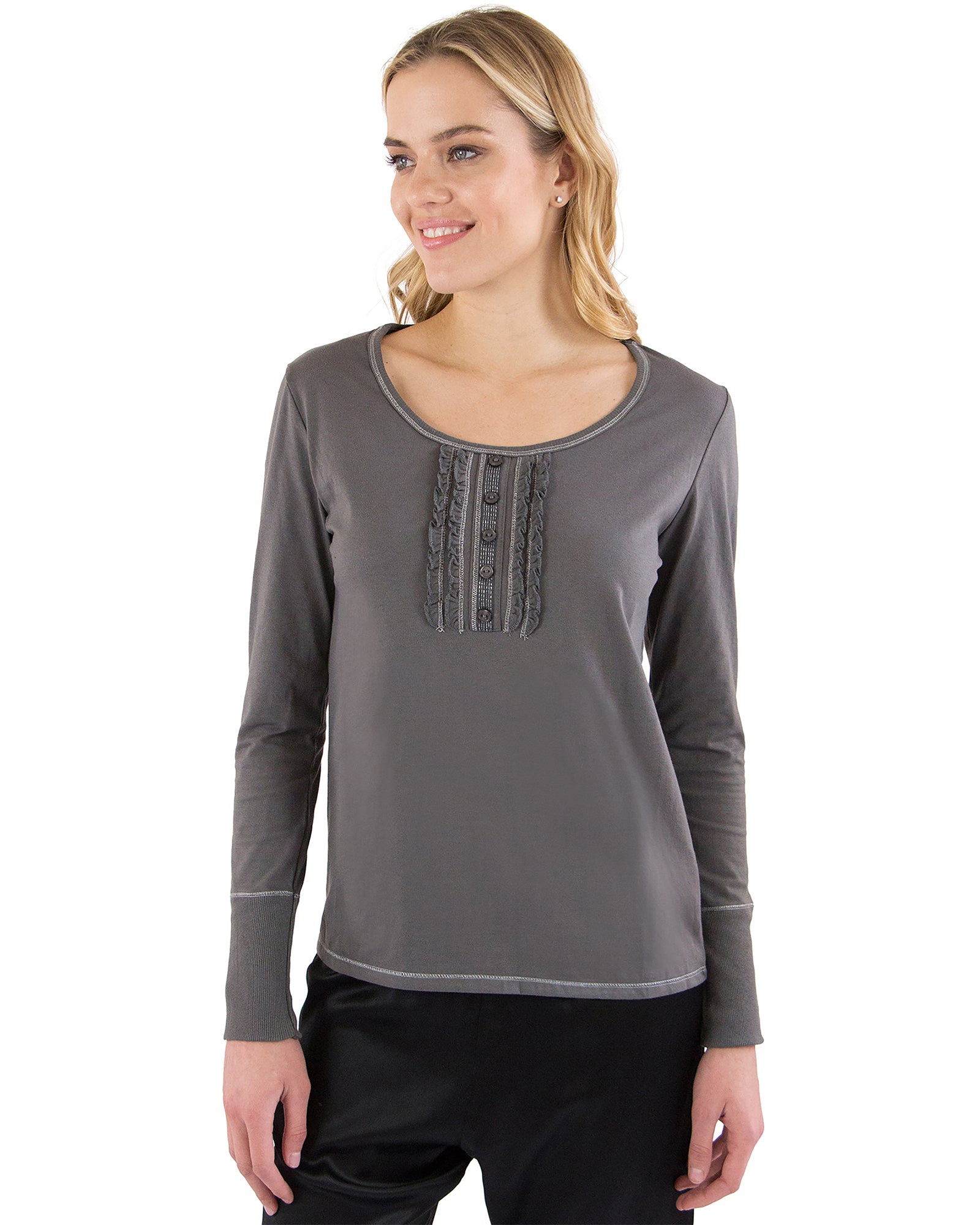 INTIMO Womens Ruffle Henley Pajama Sleep Top