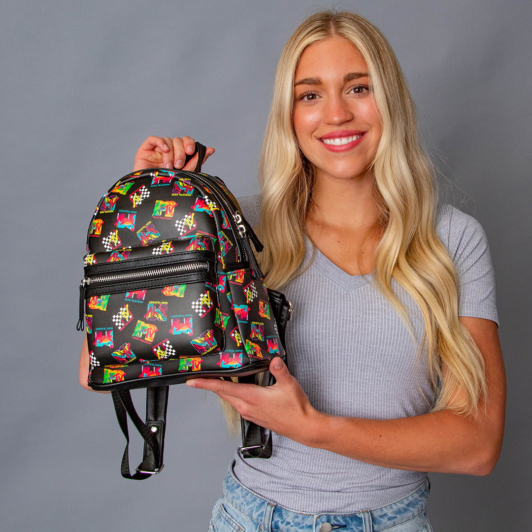 MTV Music Television '80s Logo Tossed Print Zippered Mini Small Backpack Bag