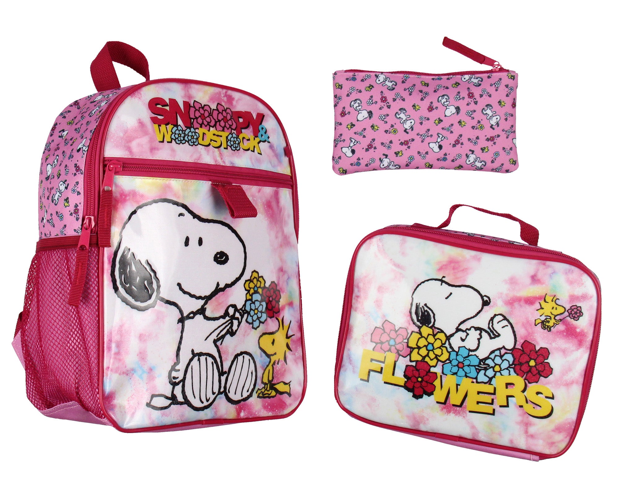 Peanuts Snoopy Woodstock Flower Character 3 PC 12" Mini Backpack Lunch box Pencil Pouch