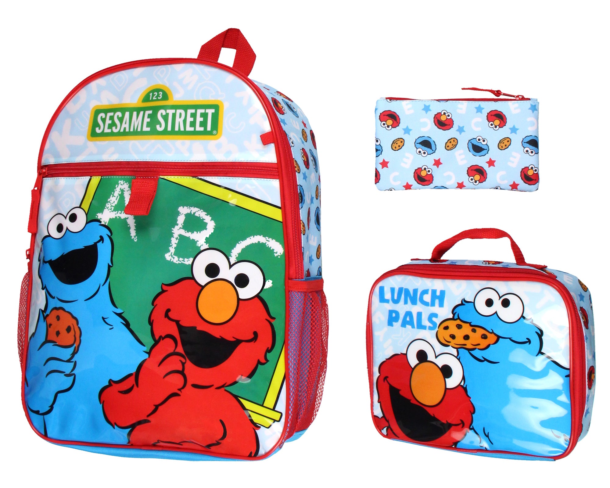 Sesame Street ABC Cookie Monster Elmo 3 PC Backpack Lunch Box Pencil Pouch 16"