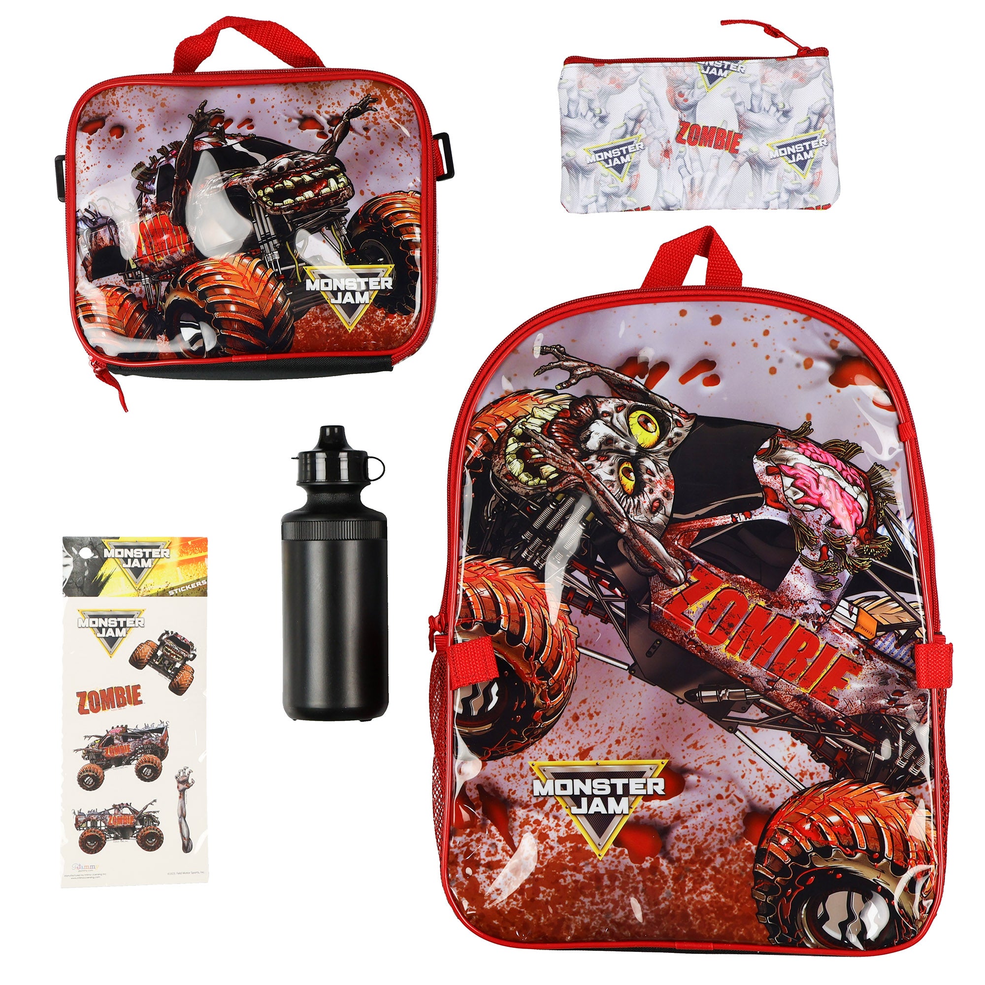 Monster Jam Zombie 5-Piece 16" Backpack Set with Detachable Lunch Box Book Bag