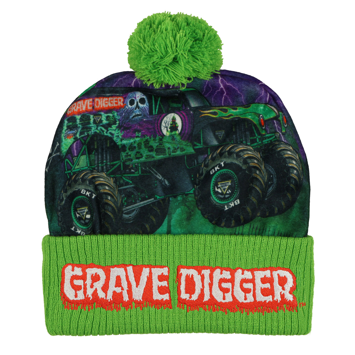 Monster Jam Grave Digger Beanie Pom Pom Knit Hat with Flannel Overlay