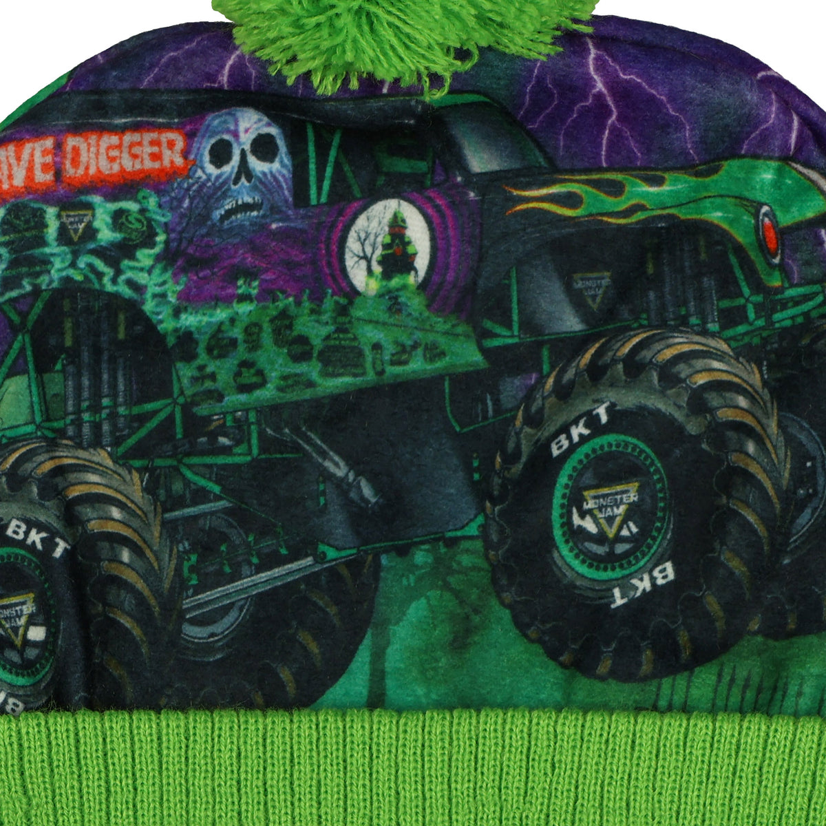 Monster Jam Grave Digger Beanie Pom Pom Knit Hat with Flannel Overlay