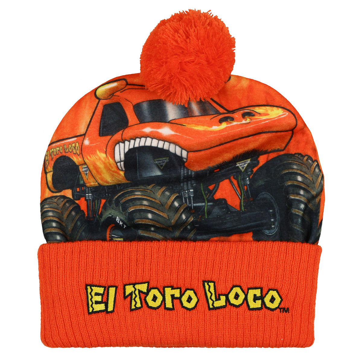 Monster Jam El Toro Loco Beanie Pom Pom Knit Hat with Flannel Overlay