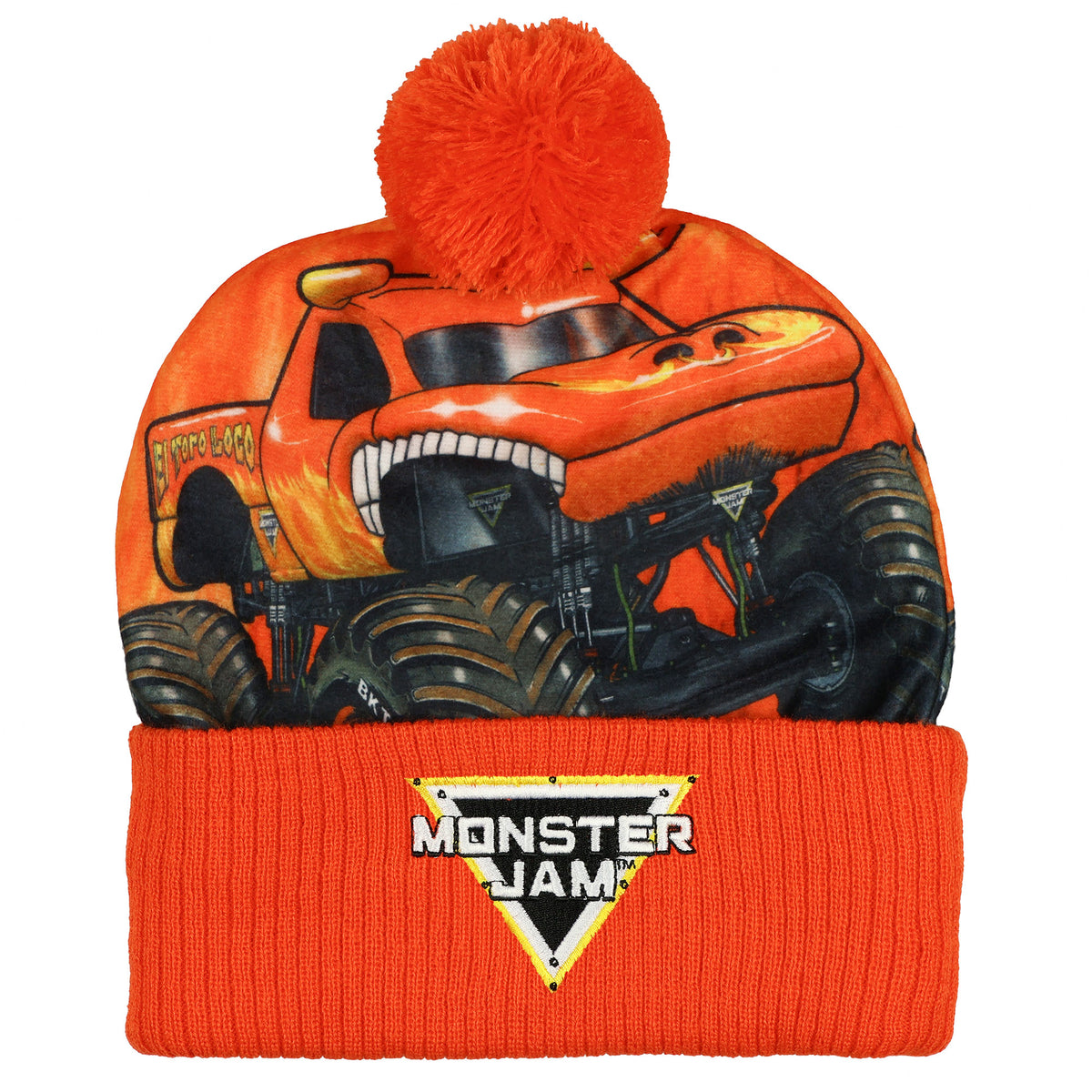 Monster Jam El Toro Loco Beanie Pom Pom Knit Hat with Flannel Overlay