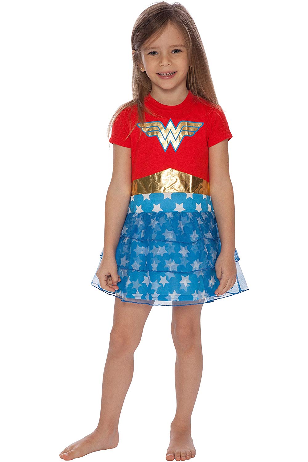 DC Comics Toddler Girls' Wonder Woman Gold Logo 3 Tiered Pajama Nightgown