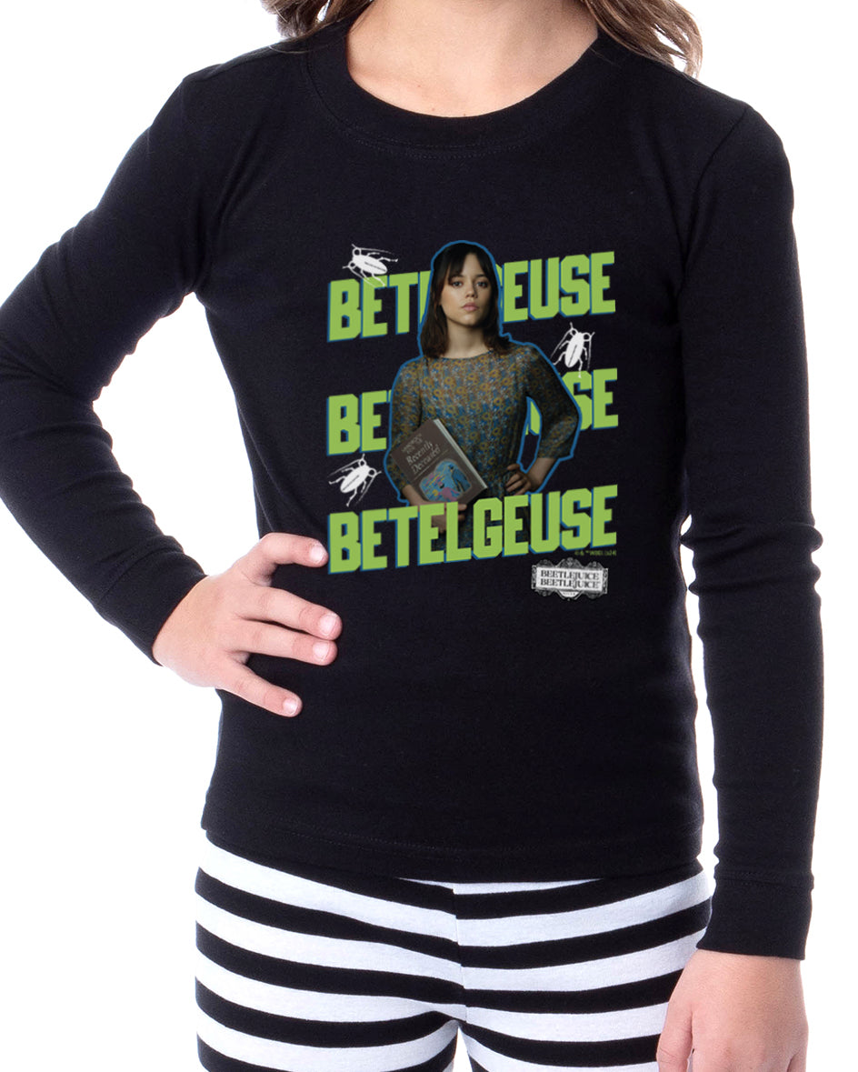 Beetlejuice 2 Girls' Astrid Deetz Betelgeuse Striped Pajama Set For Kids Long Sleeve Pants