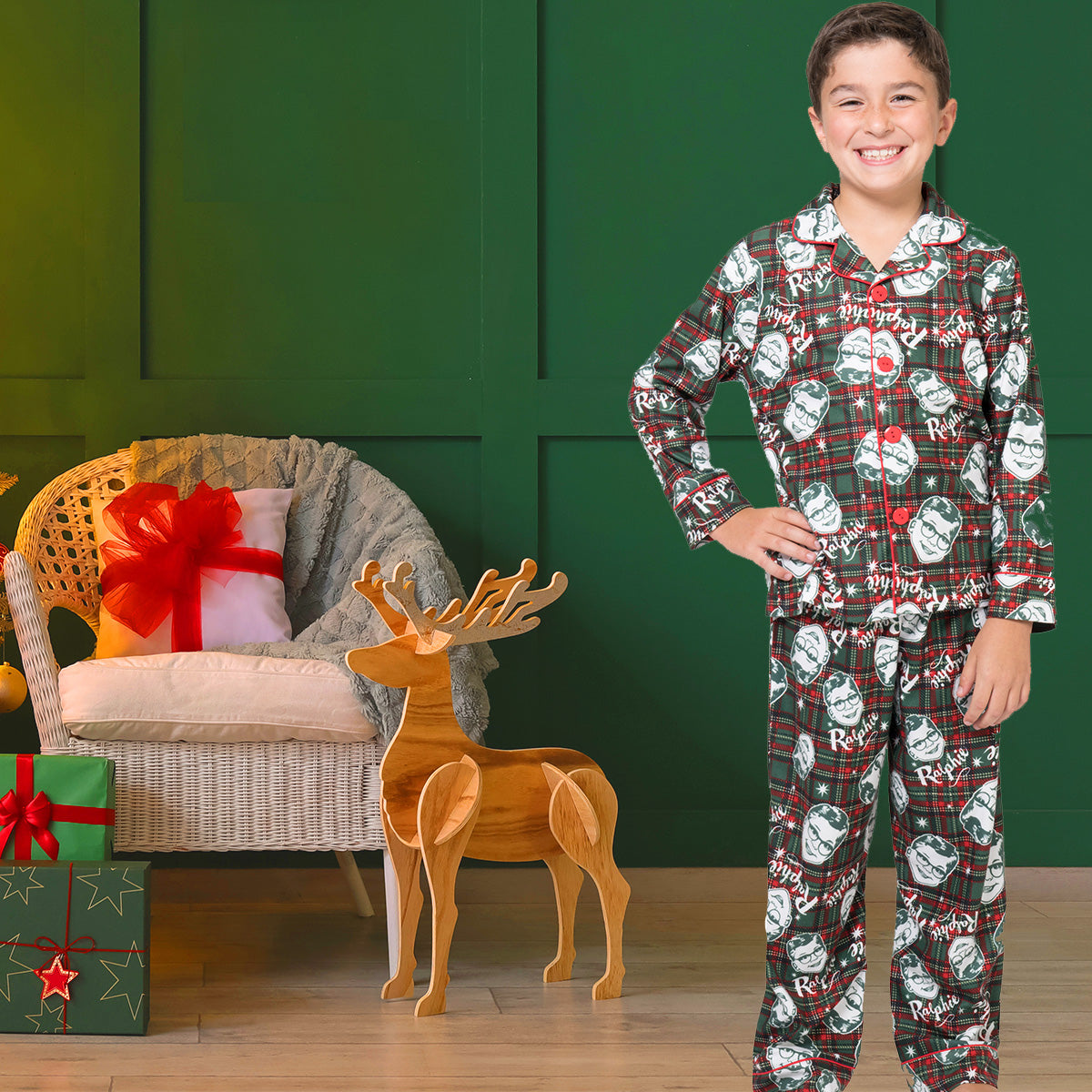 A Christmas Story Boys Ralphie Glasses Santa Christmas Holiday Flannel Plaid Button Pajama Set