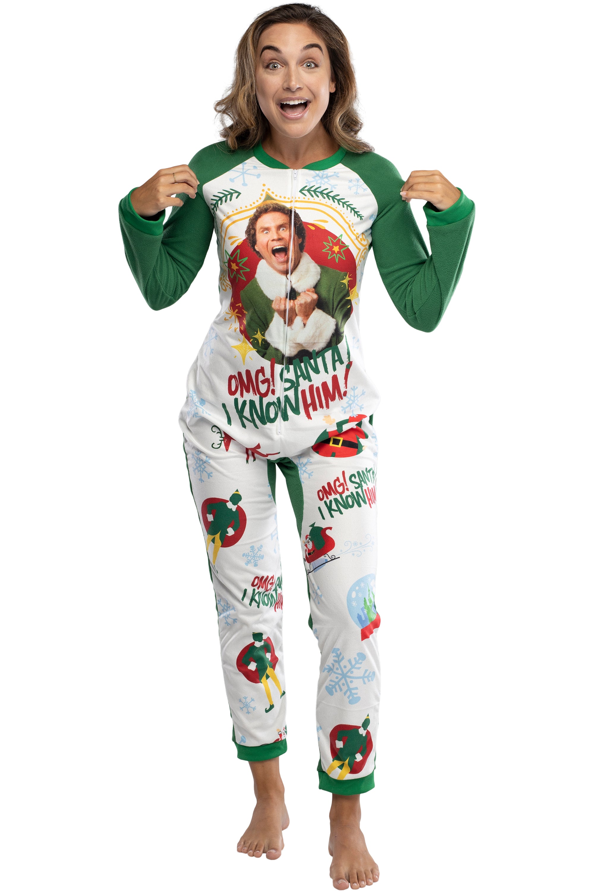 Elf The Movie Womens' OMG Santa! I Know Him! One Piece Sleeper Pajama