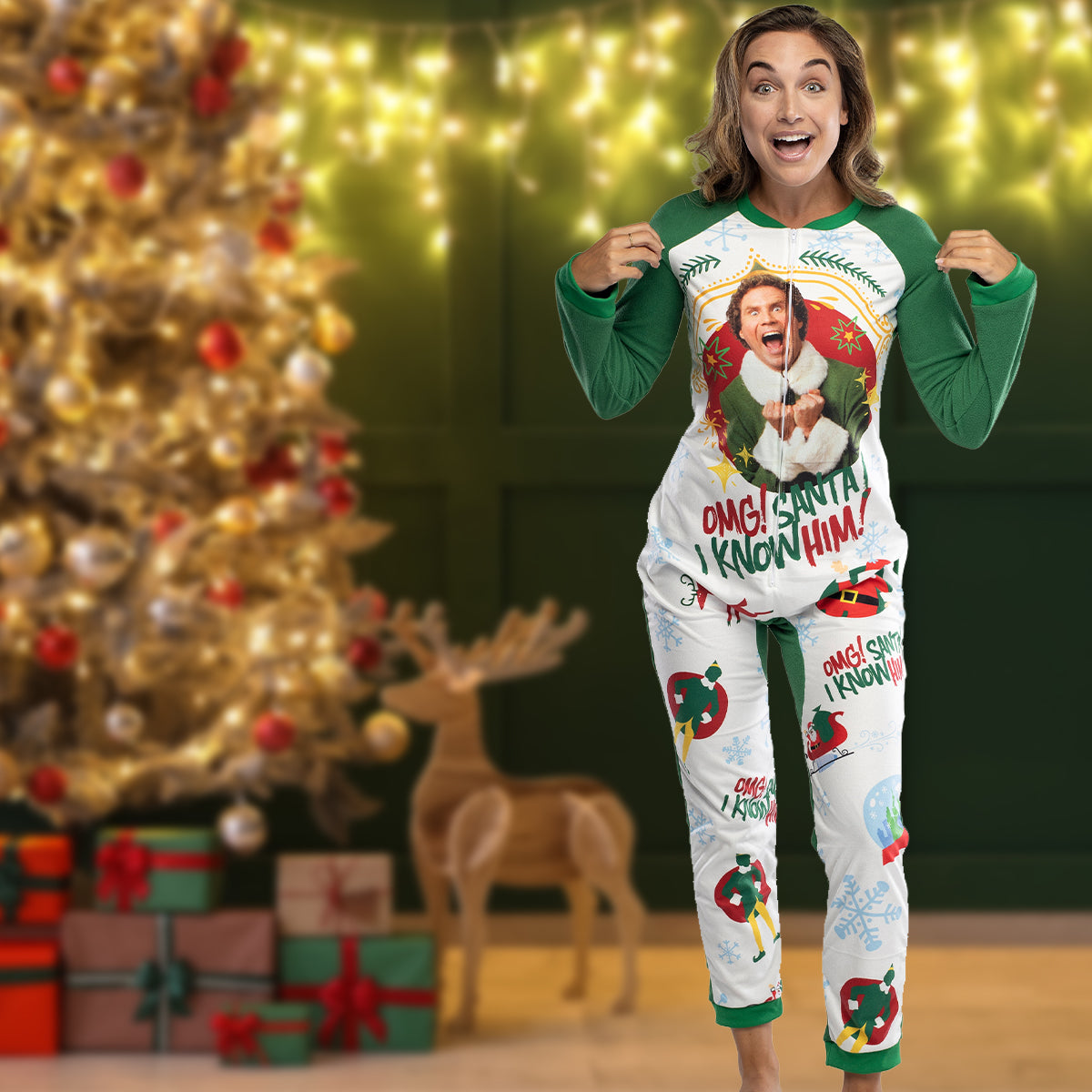 Elf The Movie Womens' OMG Santa! I Know Him! One Piece Sleeper Pajama