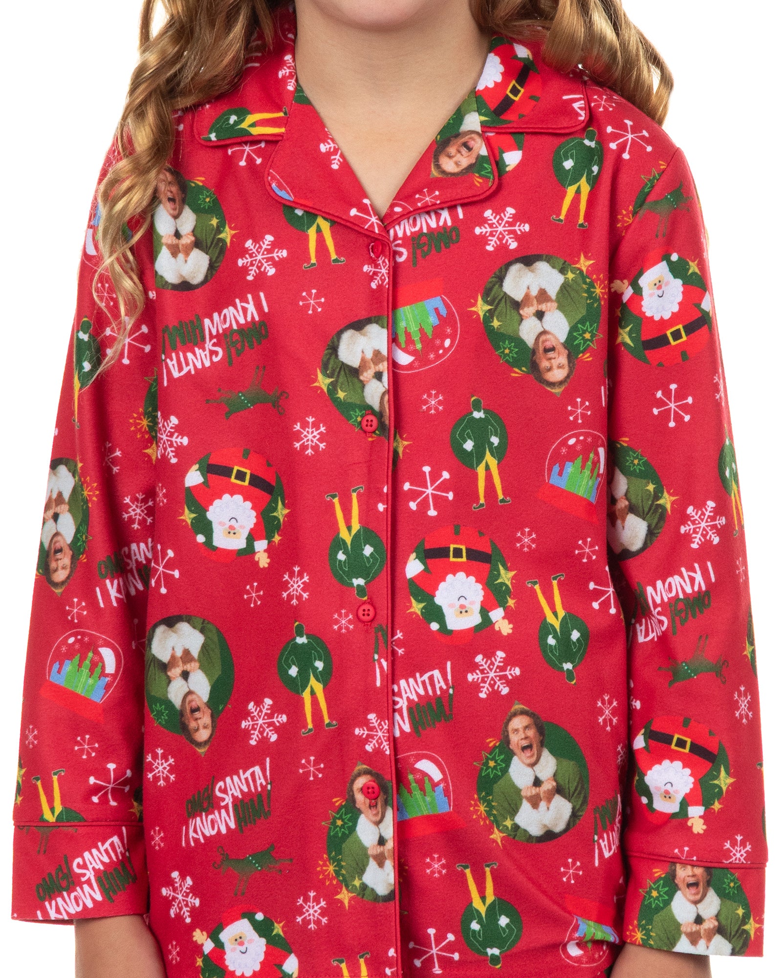 Elf Pajamas Kids I Know Him Coat Front 2-Piece Flannel Lounge Sleep Set