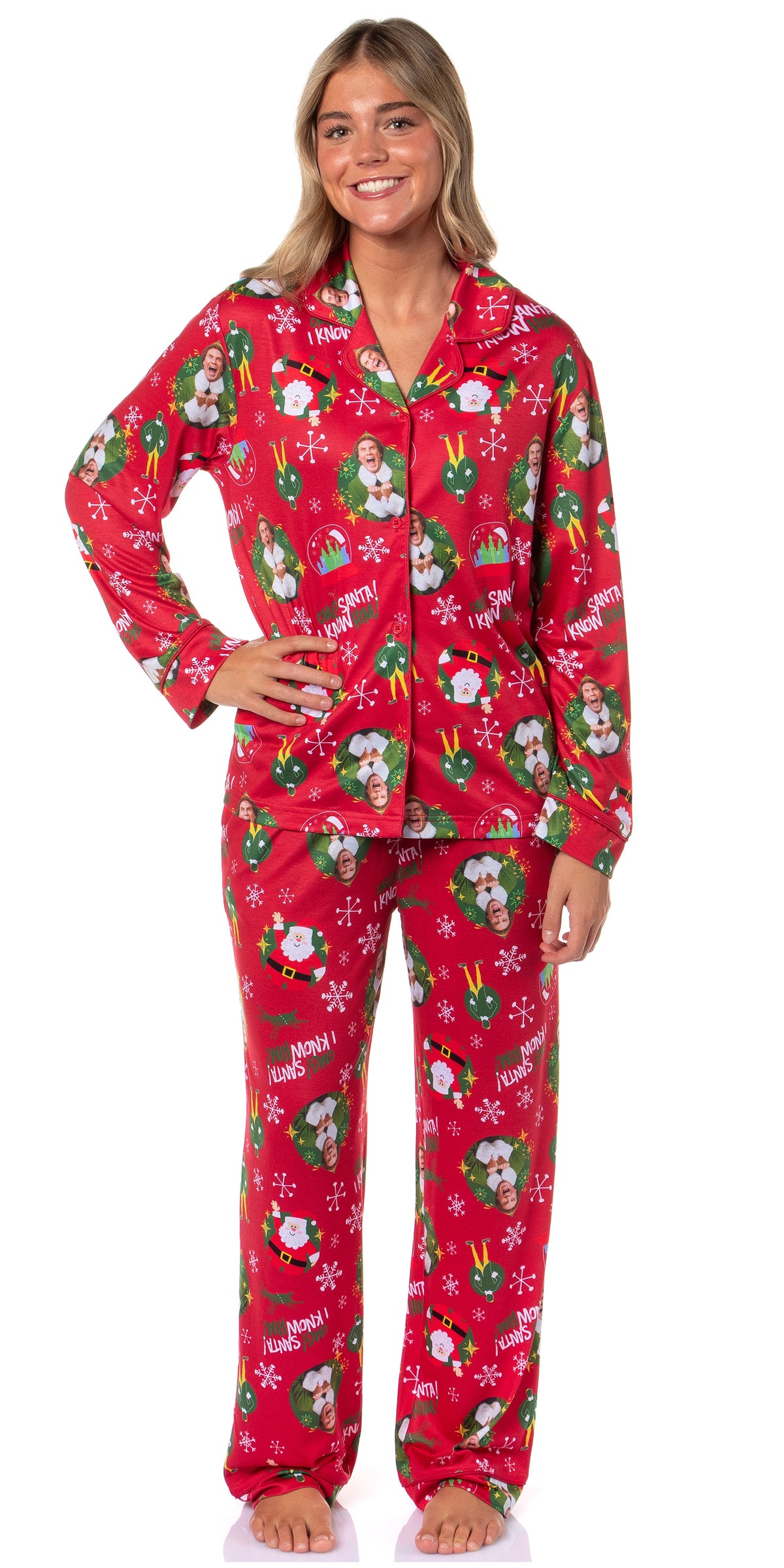 Elf The Movie Women's OMG! SANTA! I KNOW HIM! Christmas Button Up Pajama Set