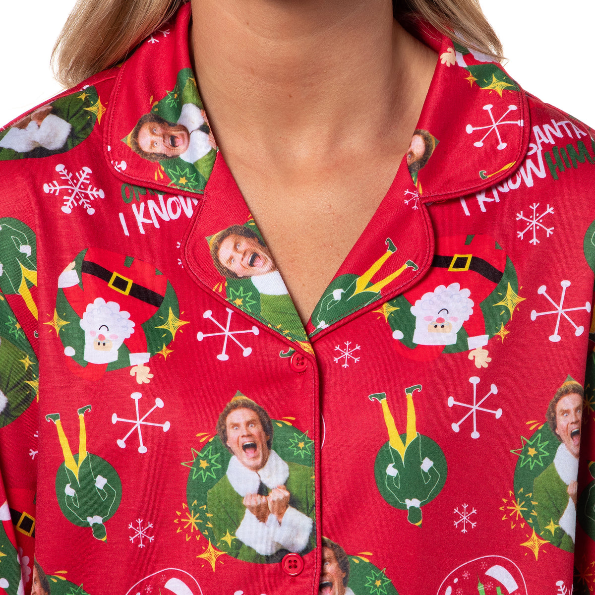 Elf The Movie Women's OMG! SANTA! I KNOW HIM! Christmas Button Up Pajama Set
