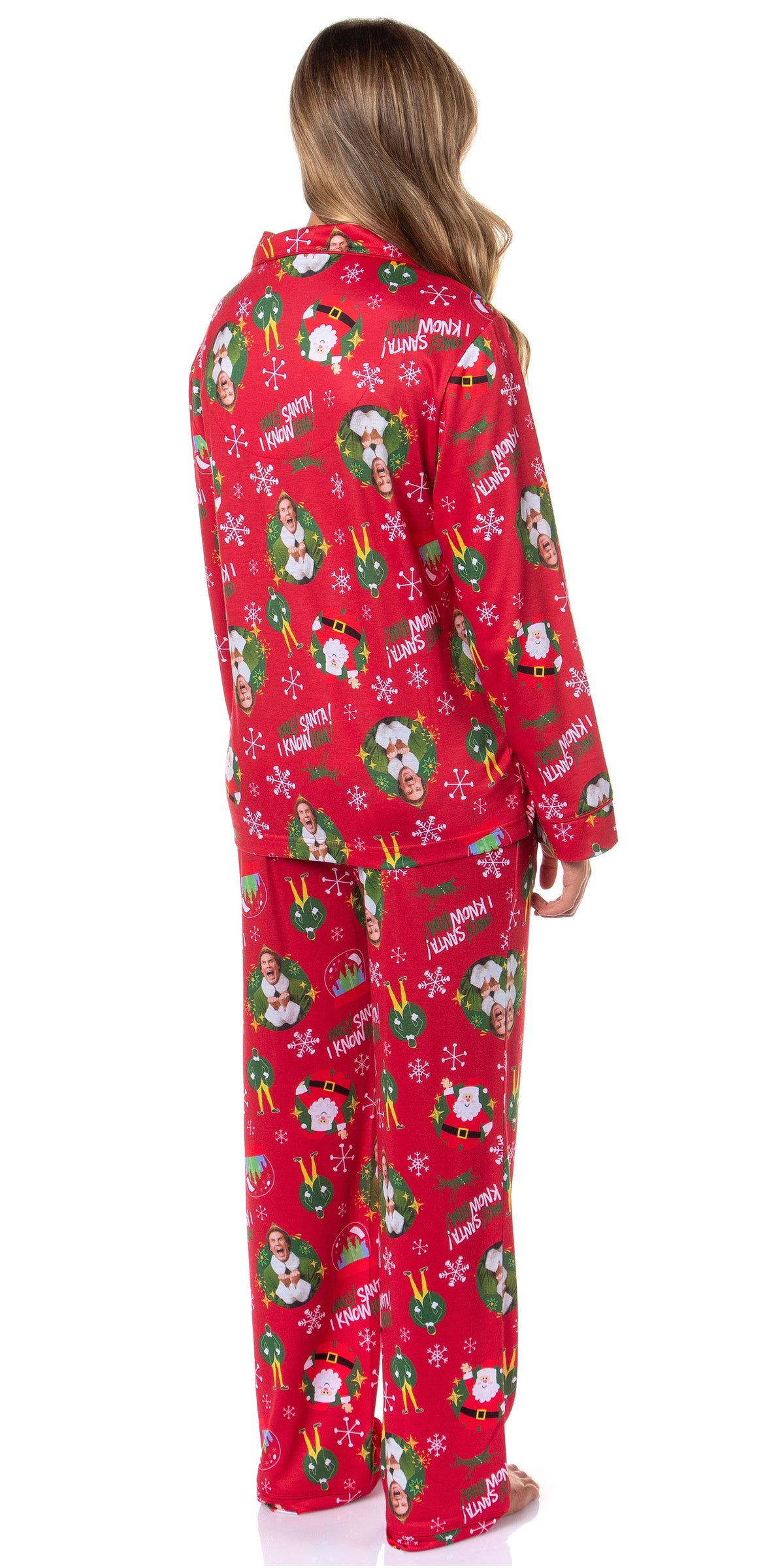 Elf The Movie Women's OMG! SANTA! I KNOW HIM! Christmas Button Up Pajama Set