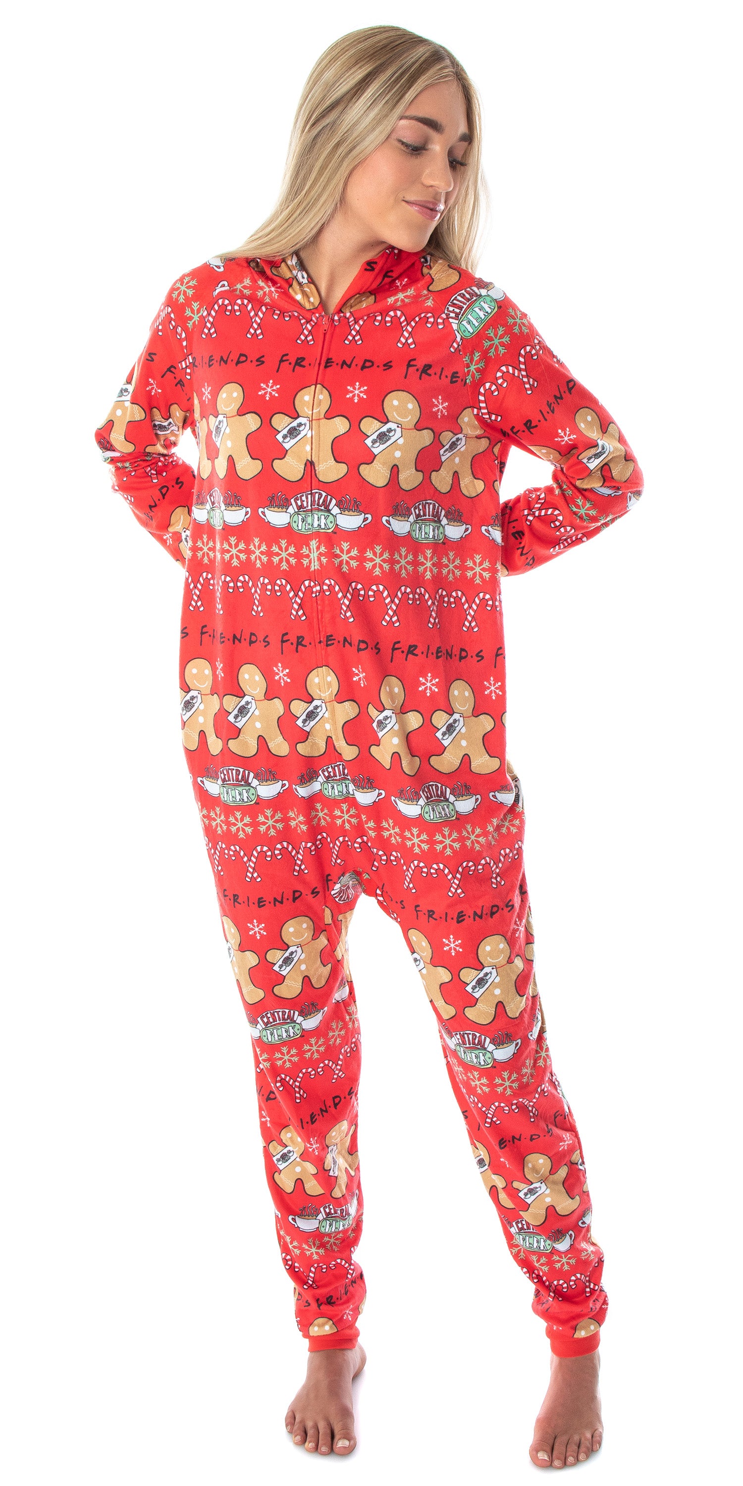 Friends TV Show Womens' Central Perk Ugly Christmas Sweater Hooded Pajama Union Suit