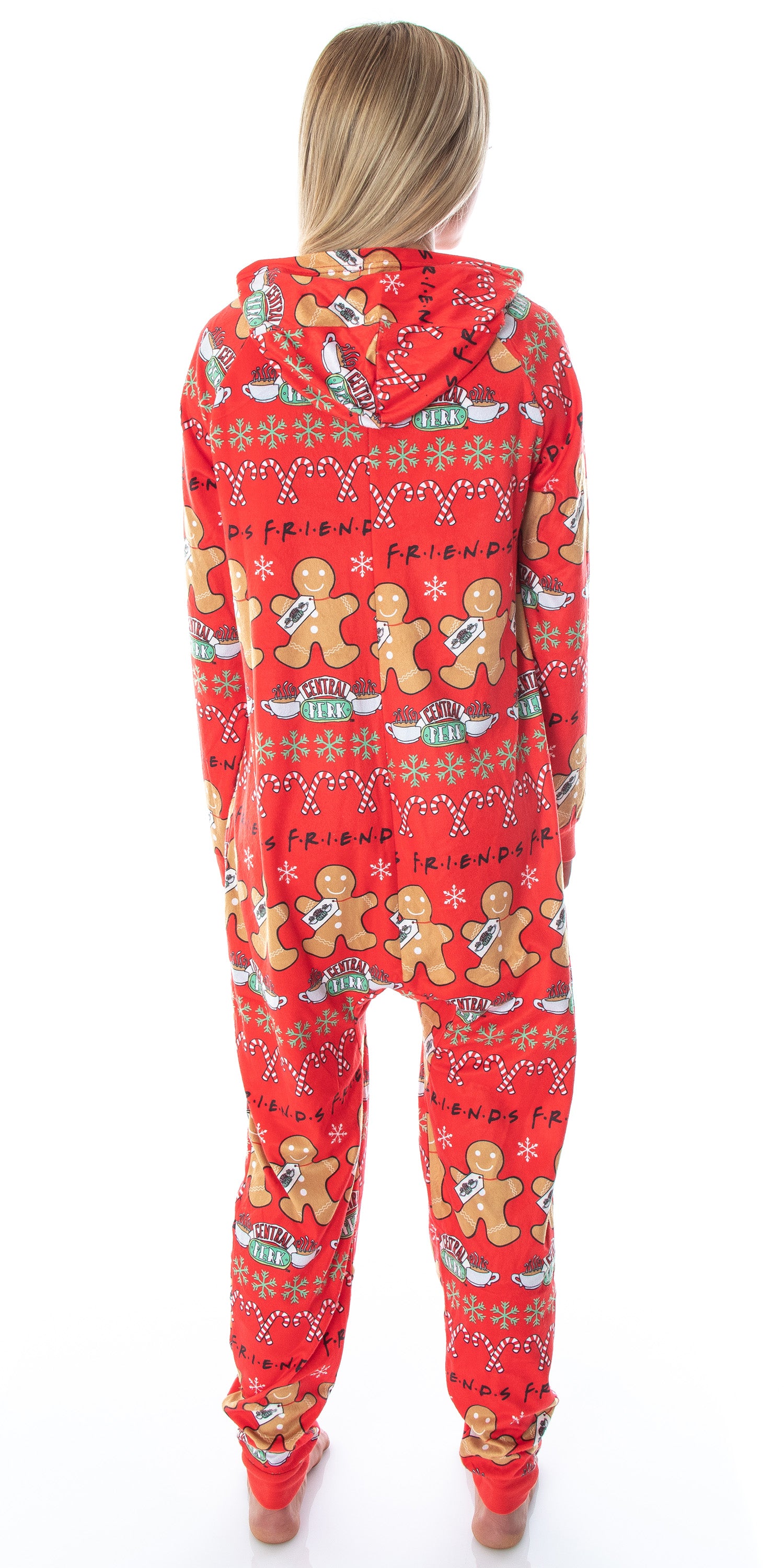Friends TV Show Womens' Central Perk Ugly Christmas Sweater Hooded Pajama Union Suit