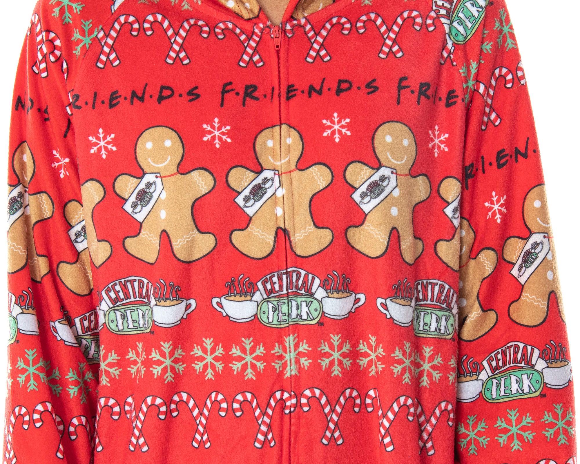 Friends TV Show Womens' Central Perk Ugly Christmas Sweater Hooded Pajama Union Suit