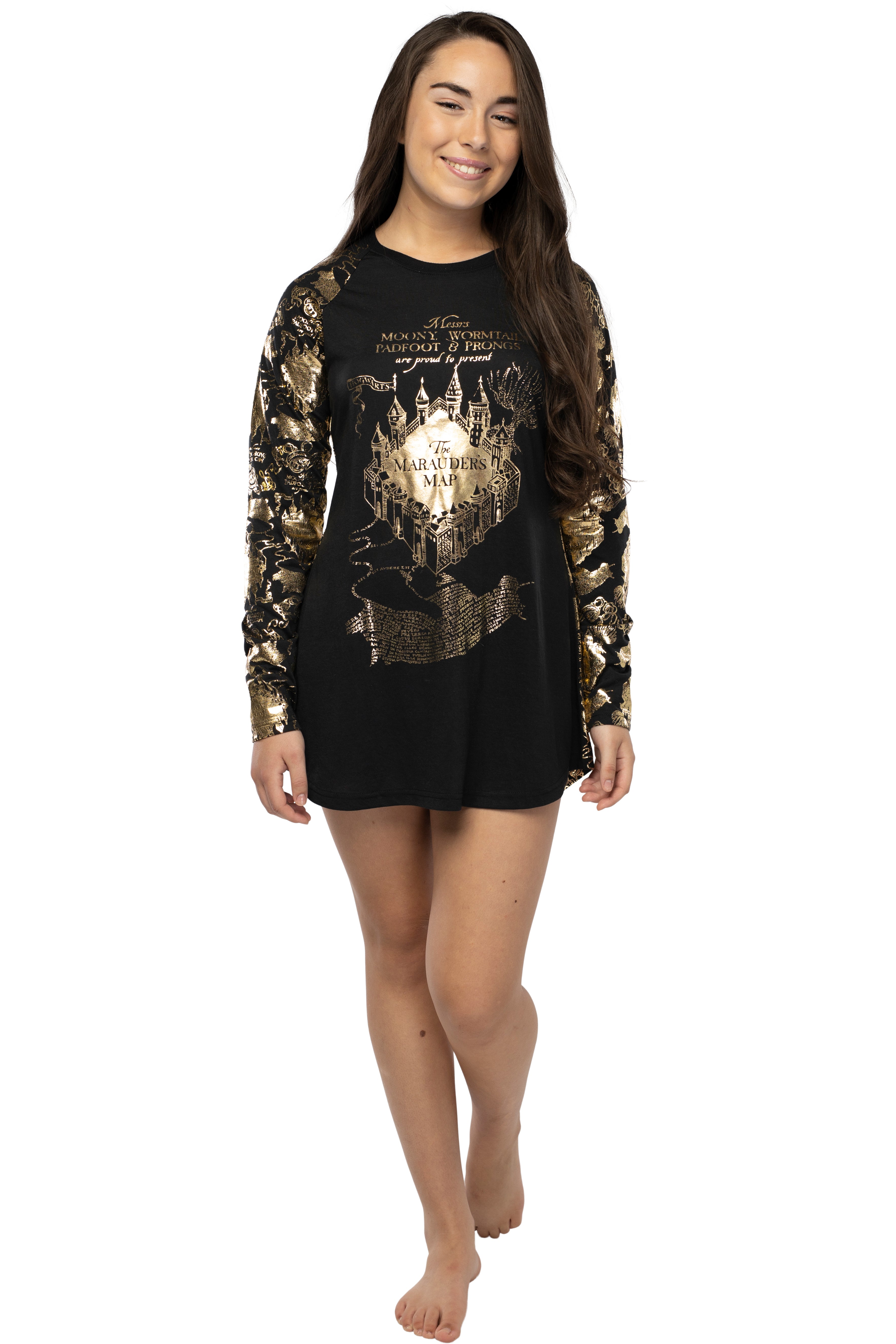 Women's Harry Potter Junior's Marauders Map Raglan Nightgown Pajama Shirt