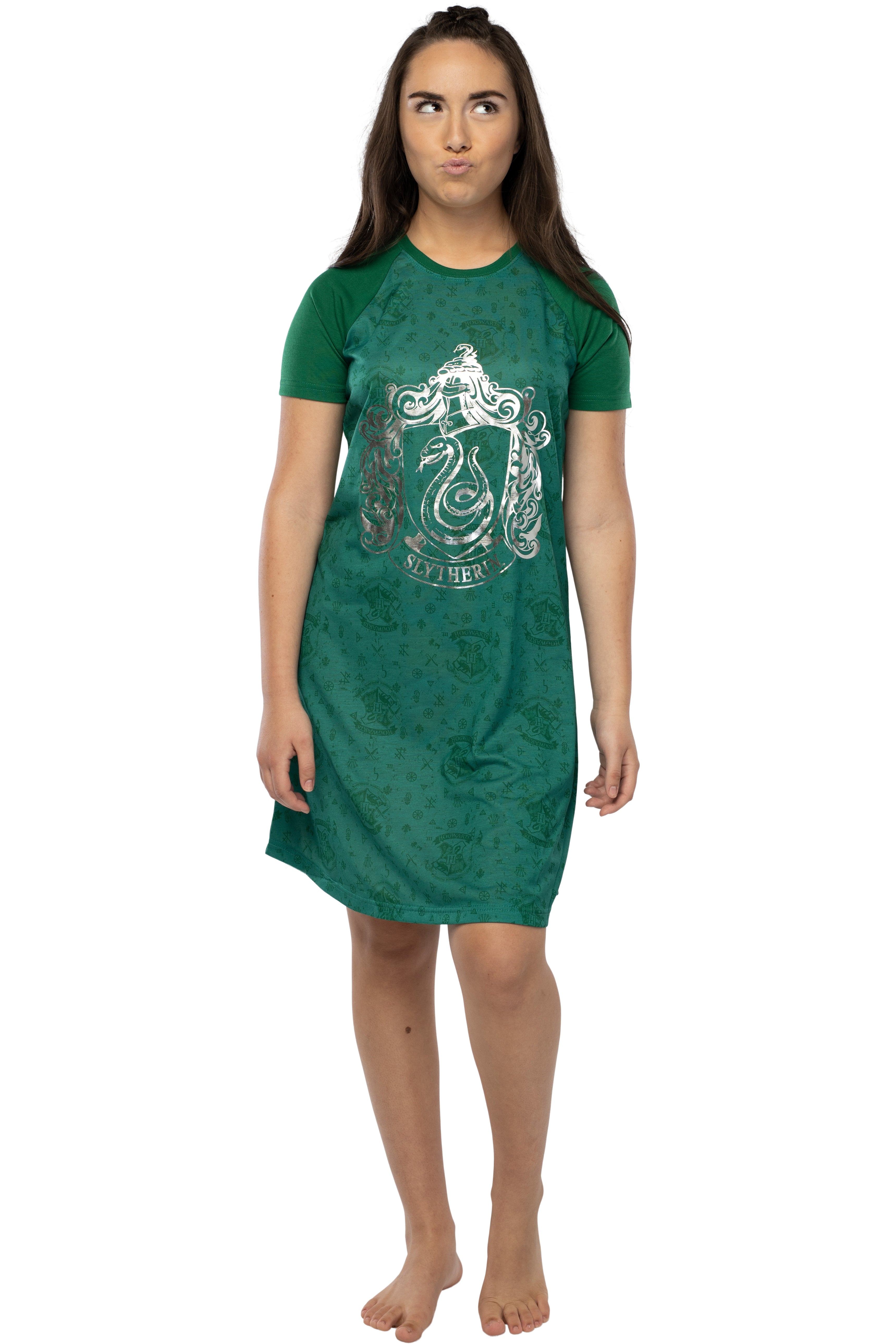 Harry Potter Women's Foil Print Hogwarts House Raglan Nightgown