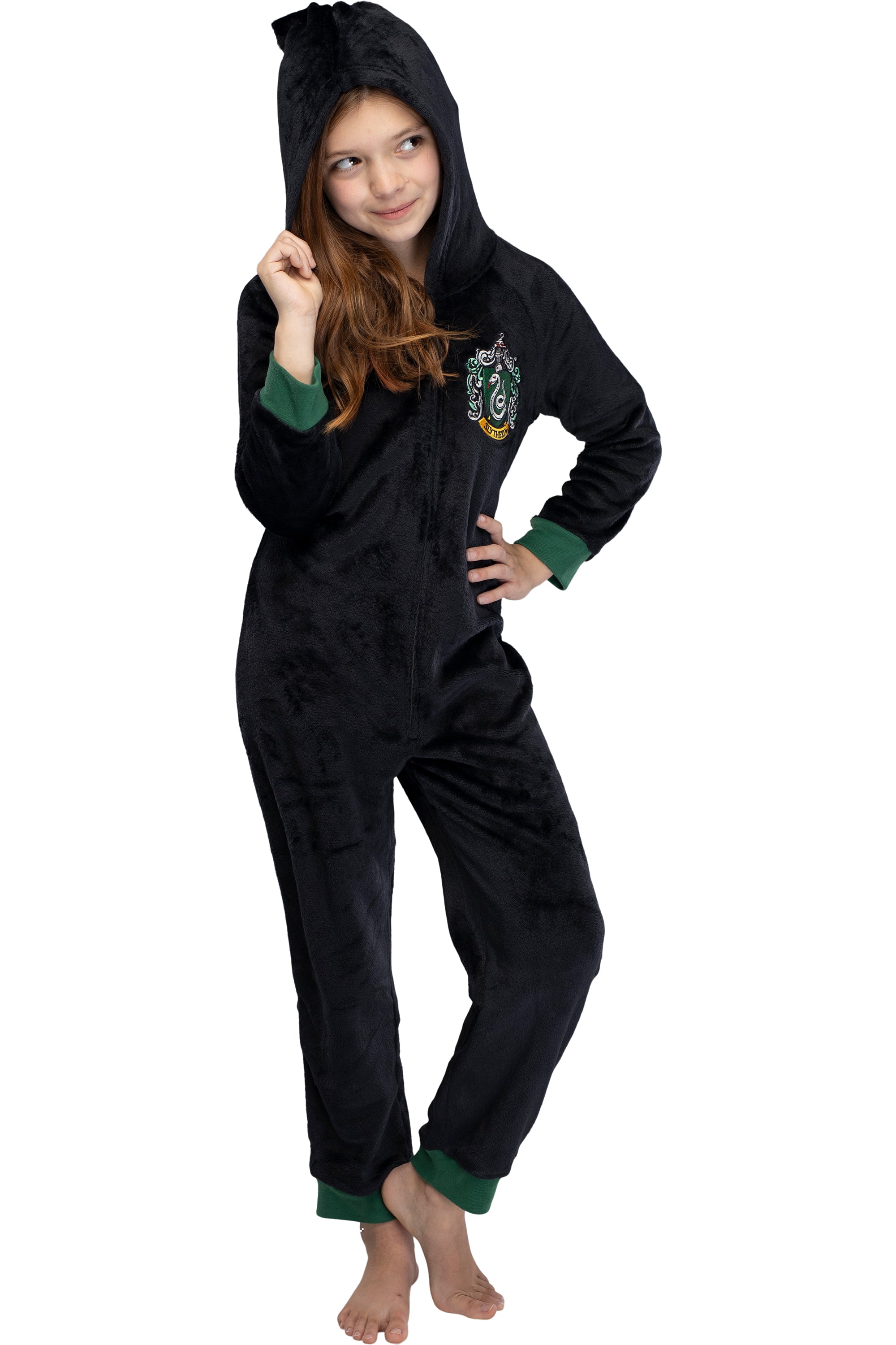 Harry Potter Unisex Kids Hooded One-Piece Pajama Union Suit (Slytherin, 7/8)