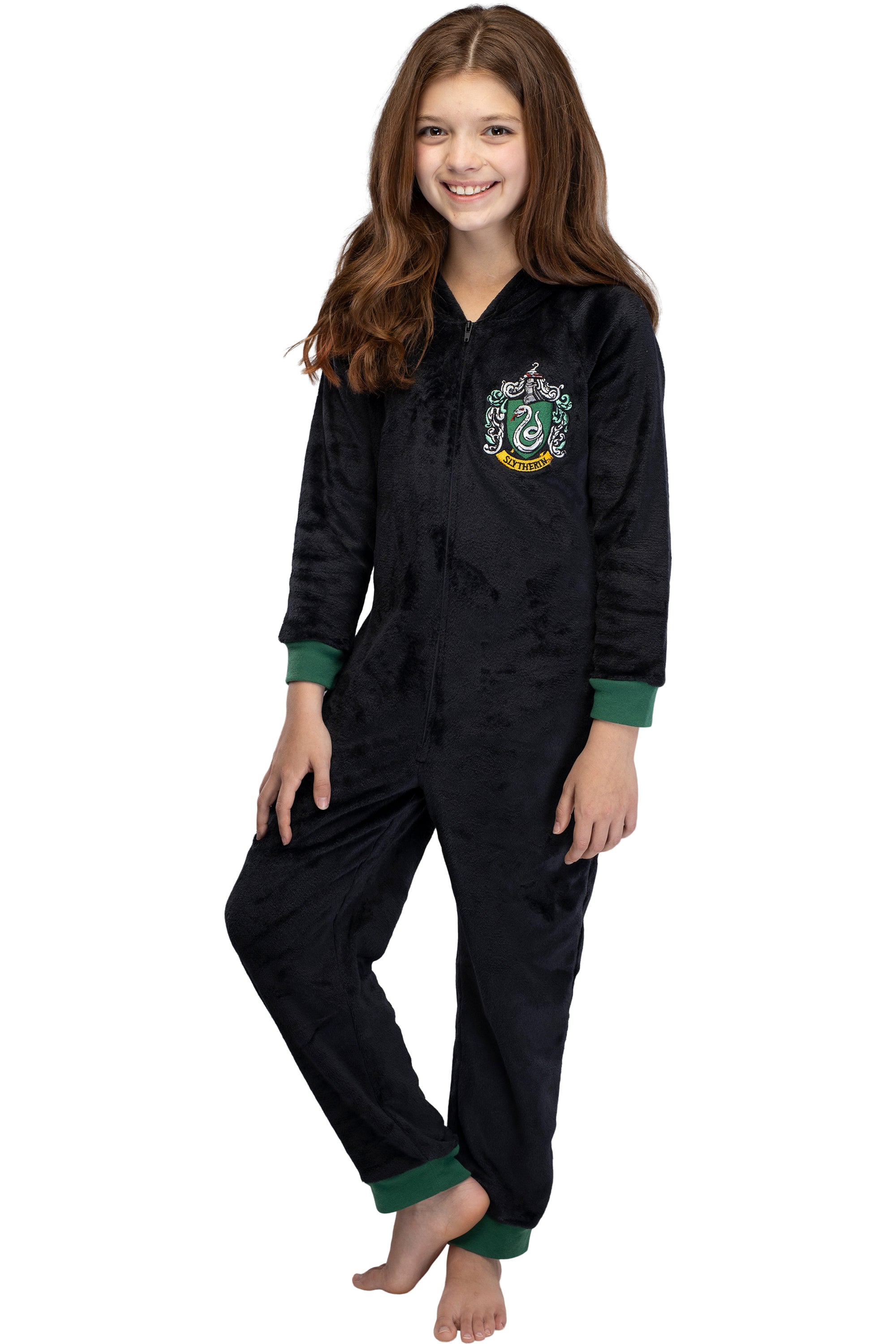 Harry Potter Unisex Kids Hooded One-Piece Pajama Union Suit (Slytherin, 7/8)