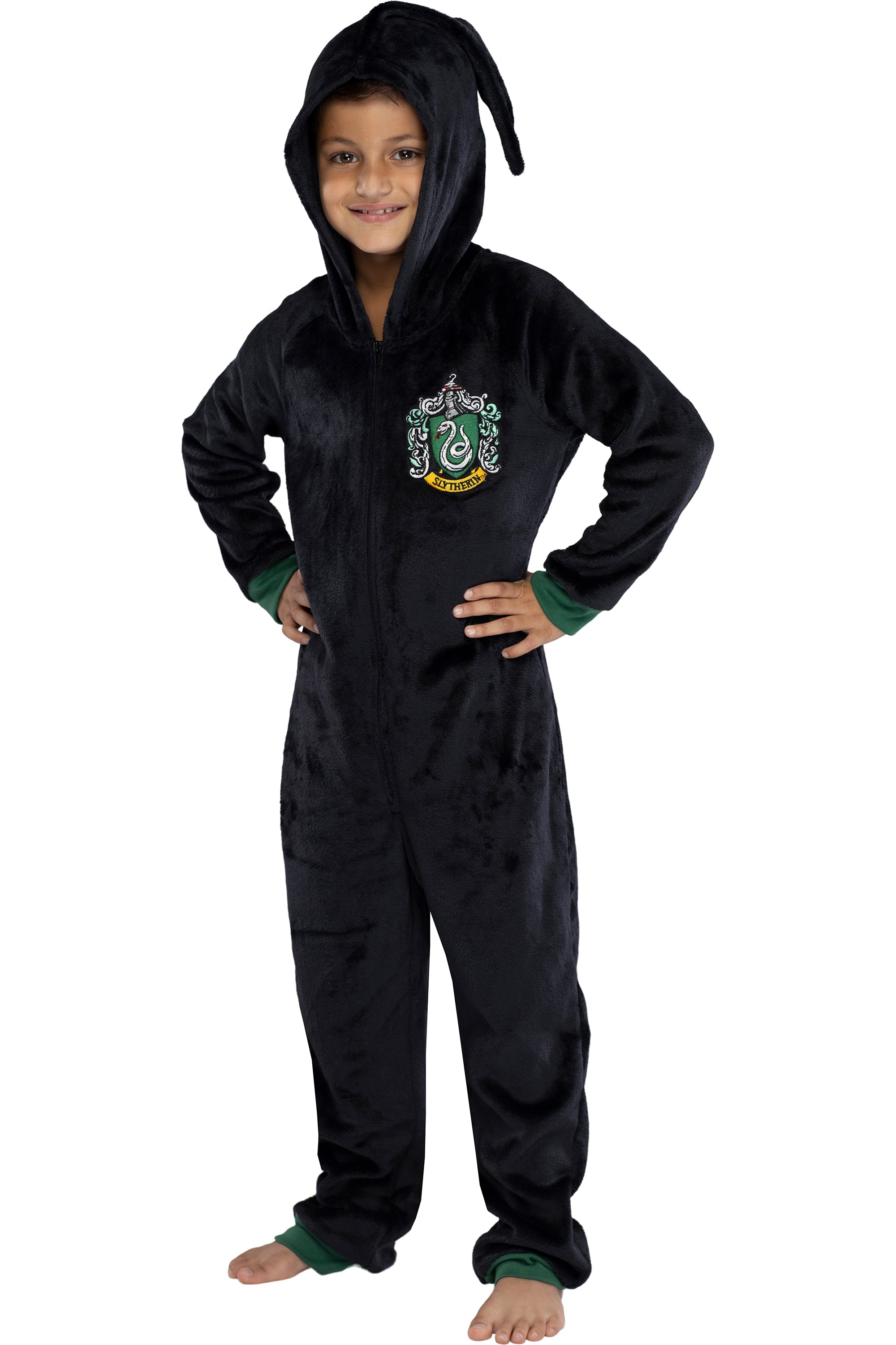 Harry Potter Unisex Kids Hooded One-Piece Pajama Union Suit (Slytherin, 7/8)