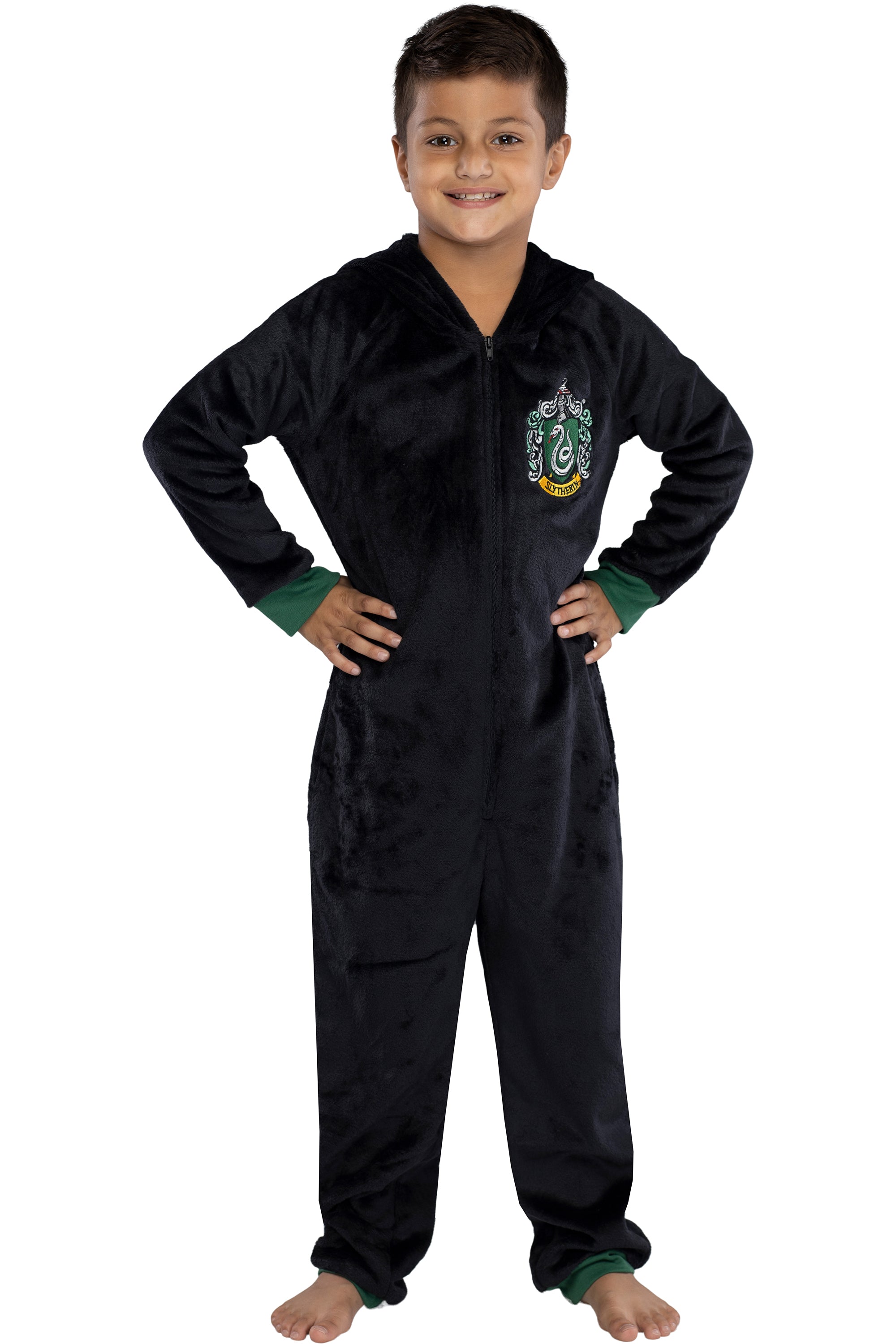 Harry Potter Unisex Kids Hooded One-Piece Pajama Union Suit (Slytherin, 7/8)
