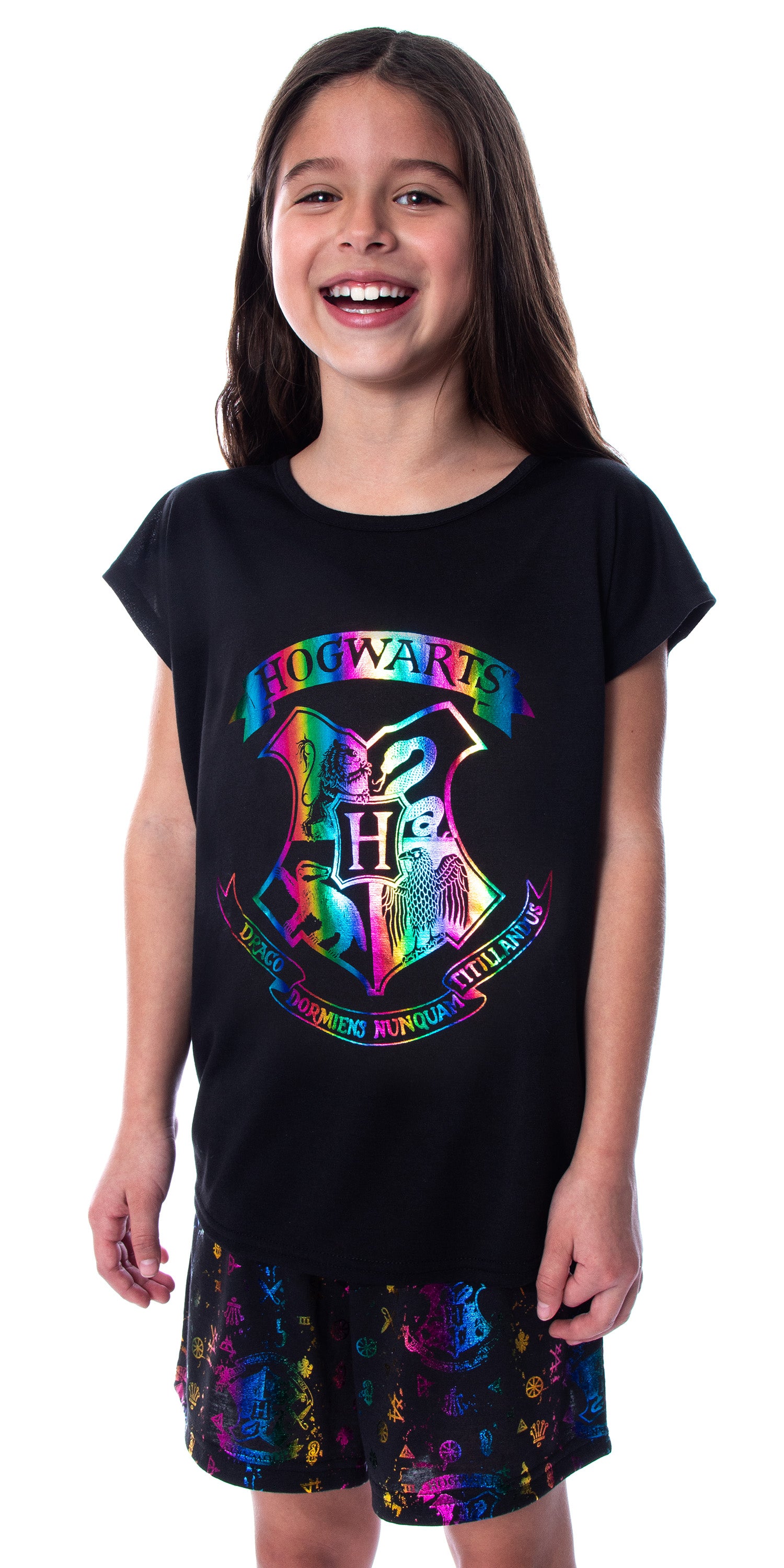 Harry Potter Girls' Hogwarts Rainbow Hologram Shirt and Shorts Pajama Set