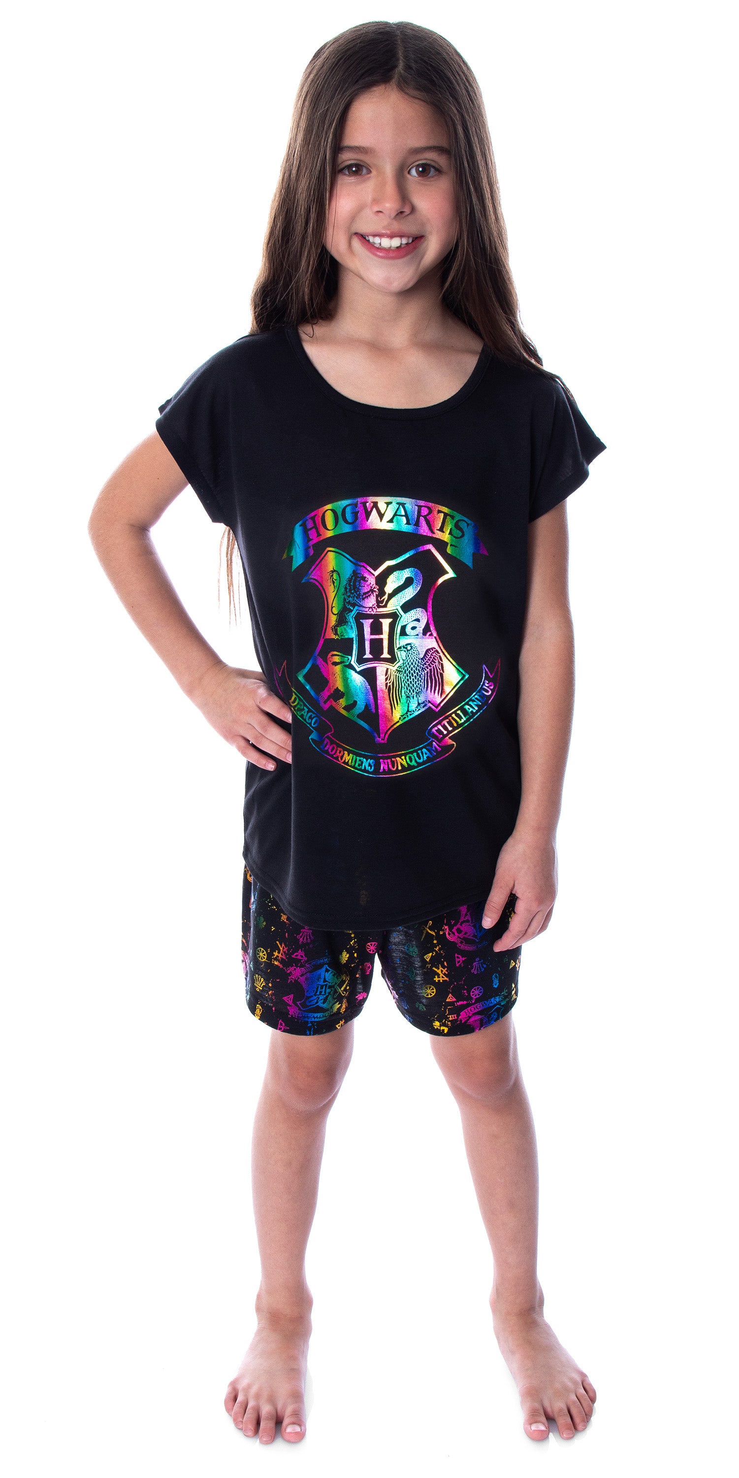 Harry Potter Girls' Hogwarts Rainbow Hologram Shirt and Shorts Pajama Set