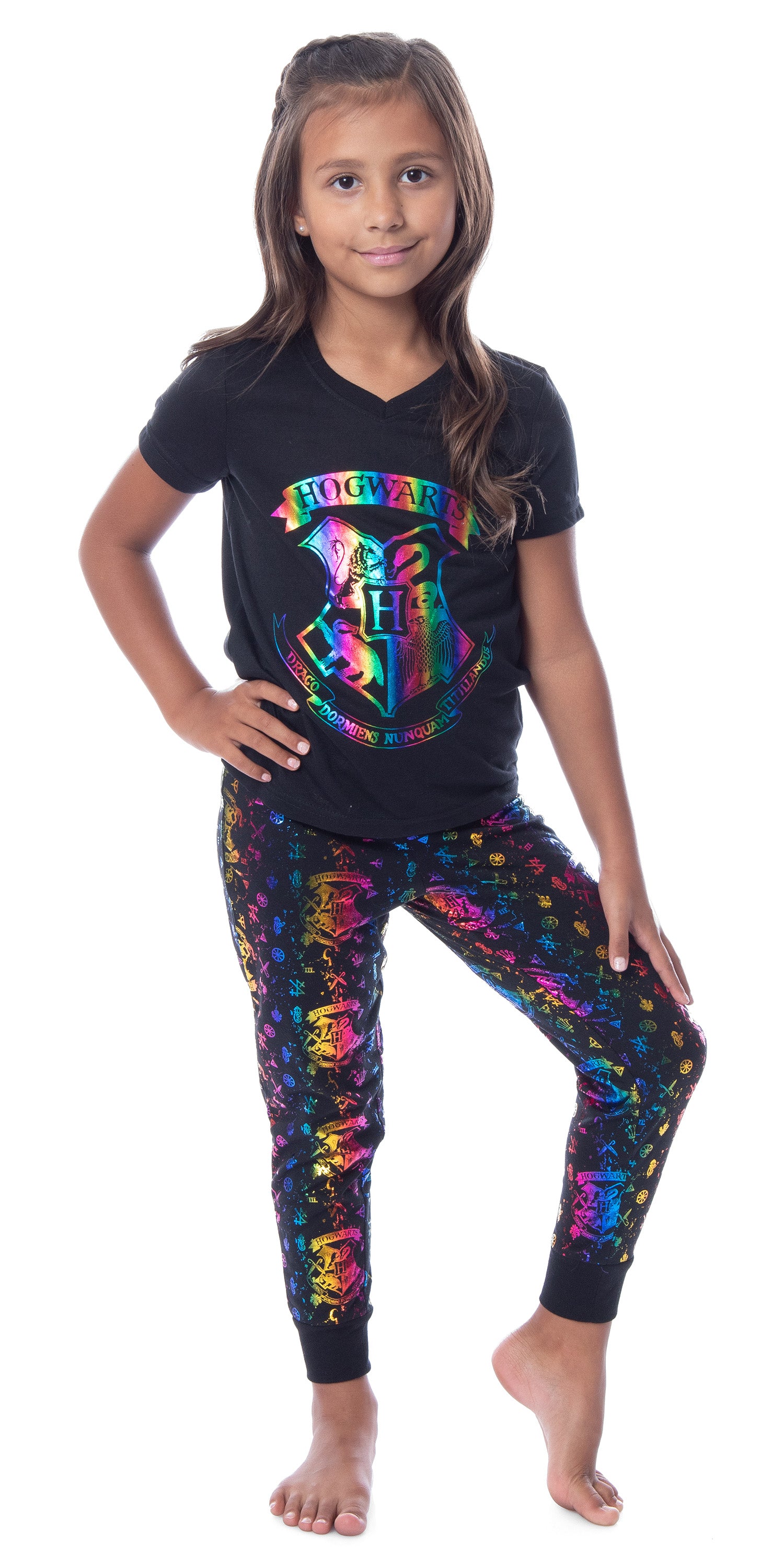 Harry Potter Girls' Rainbow Foil Hogwarts Crest Pajama Jogger Set