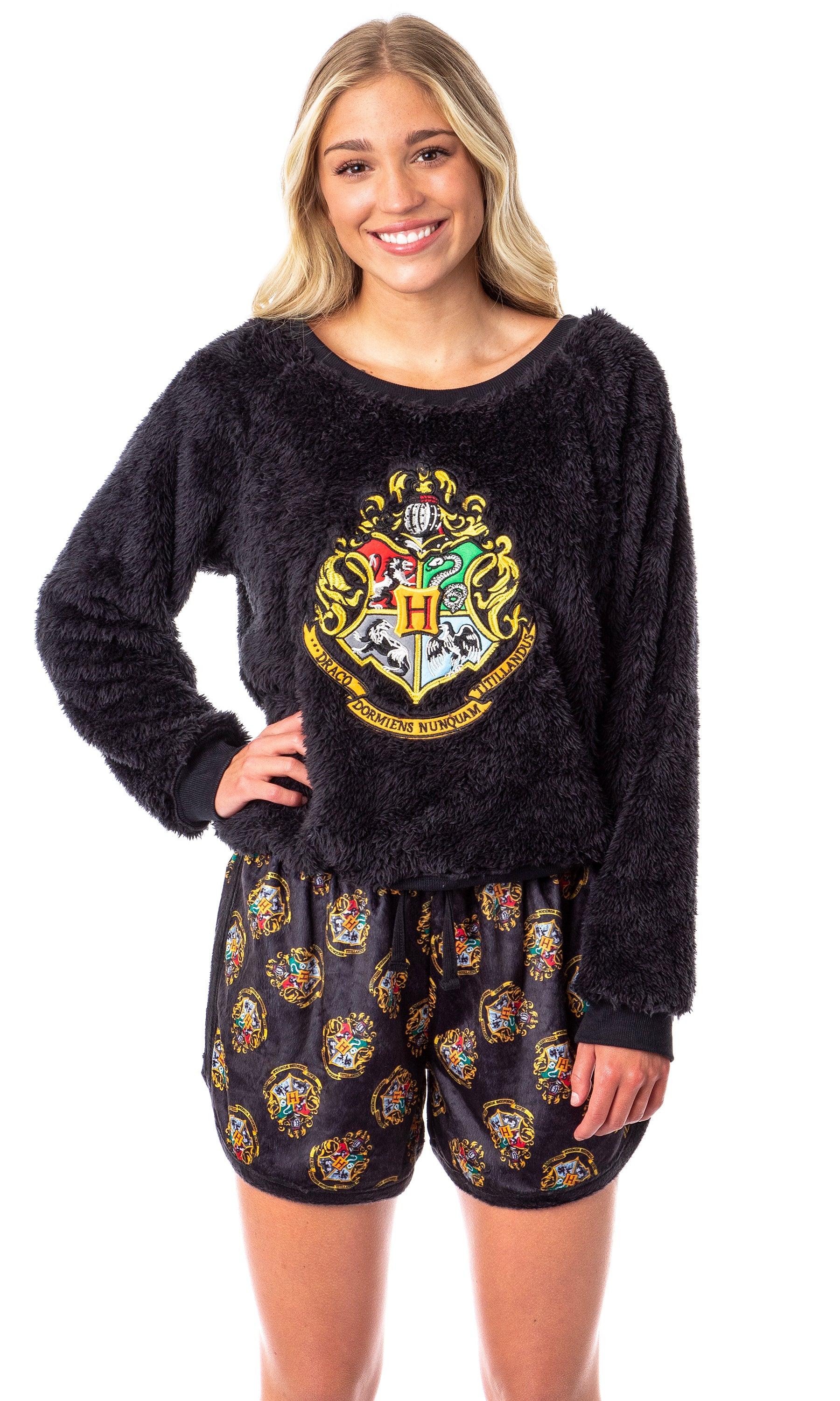 Harry Potter Womens' Hogwarts Crest Sweater and Shorts Sleep Pajama Set