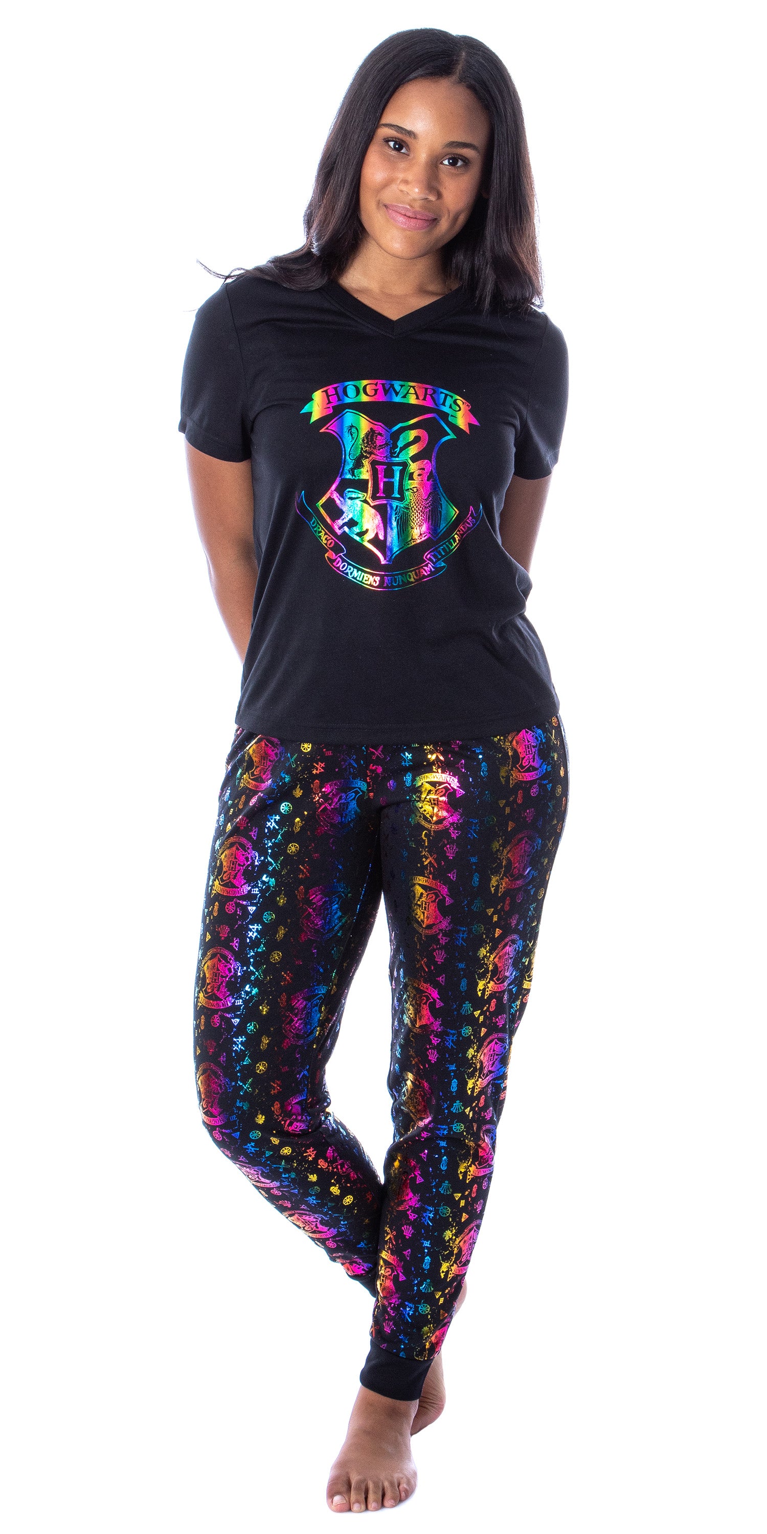 Harry Potter Womens' Rainbow Foil Hogwarts Crest 2 Piece Pajama Jogger Set