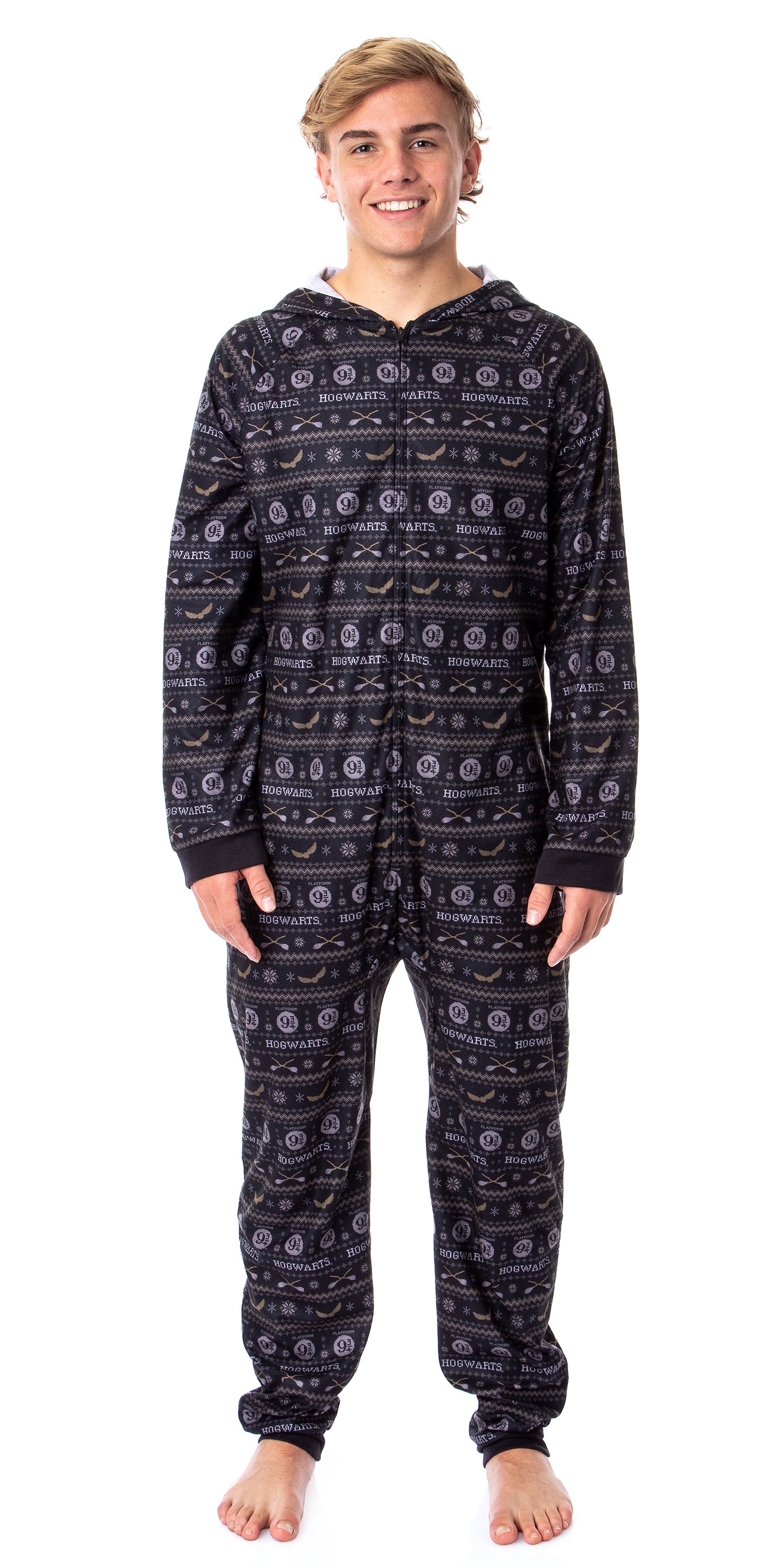 Harry Potter Mens' Hogwarts Christmas Sweater Hooded Union Suit Pajama