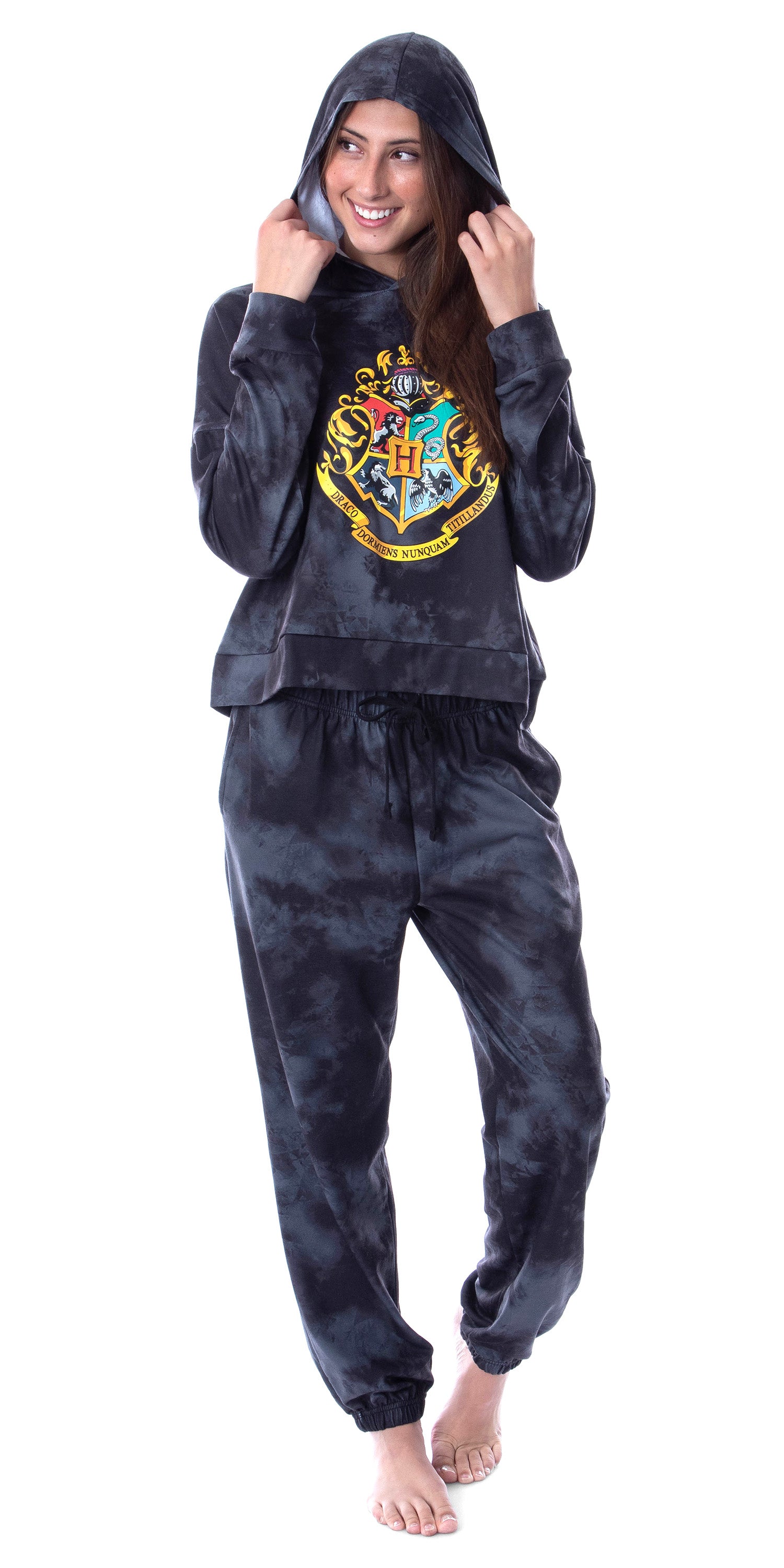 Harry Potter Womens' Hogwarts Crest Tie Dye Cropped Hooded Jogger Set