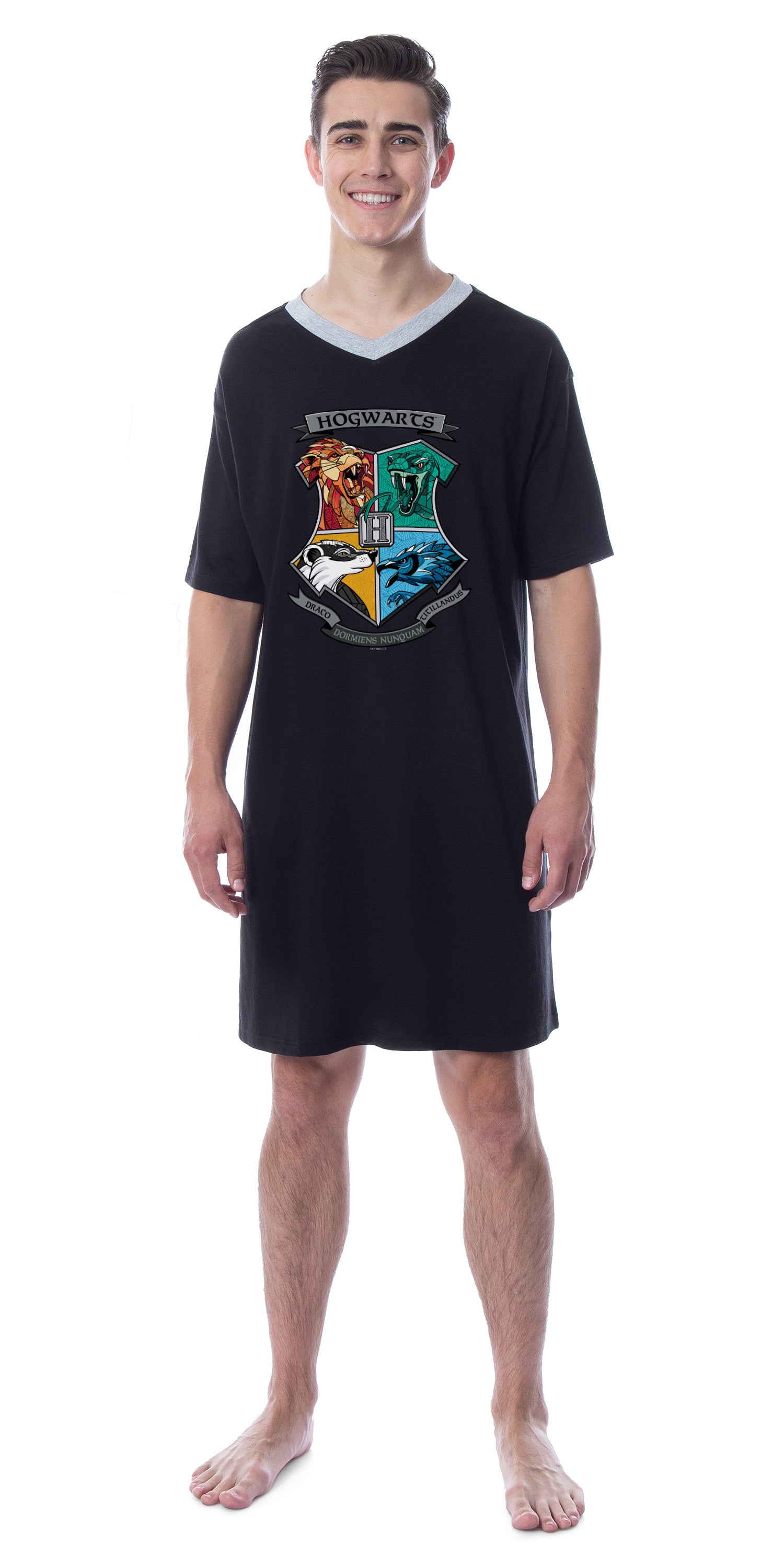 Harry Potter Mens' Hogwarts Houses Crest Stained Glass Sleep Pajama Shirt