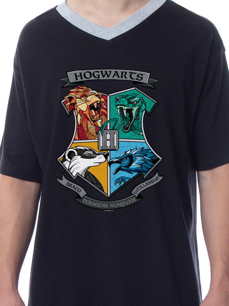 Harry Potter Mens' Hogwarts Houses Crest Stained Glass Sleep Pajama Shirt