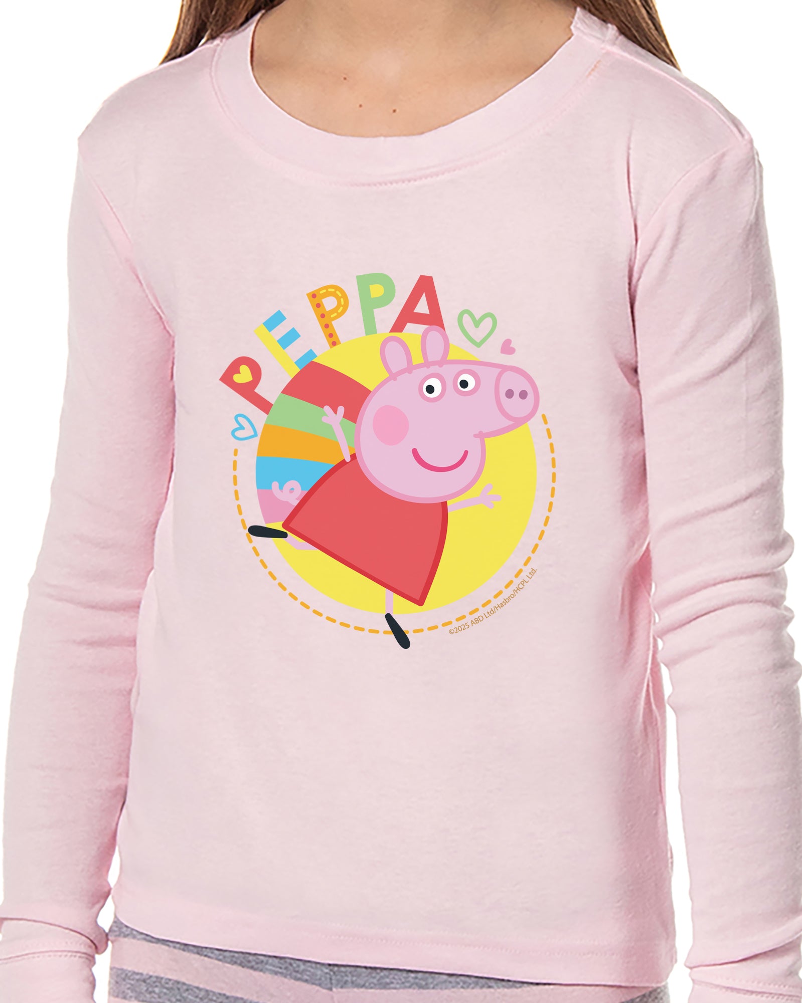 Peppa Pig Girls Pink and Grey Striped Pajamas Shirt and Pant Tight Fit Set