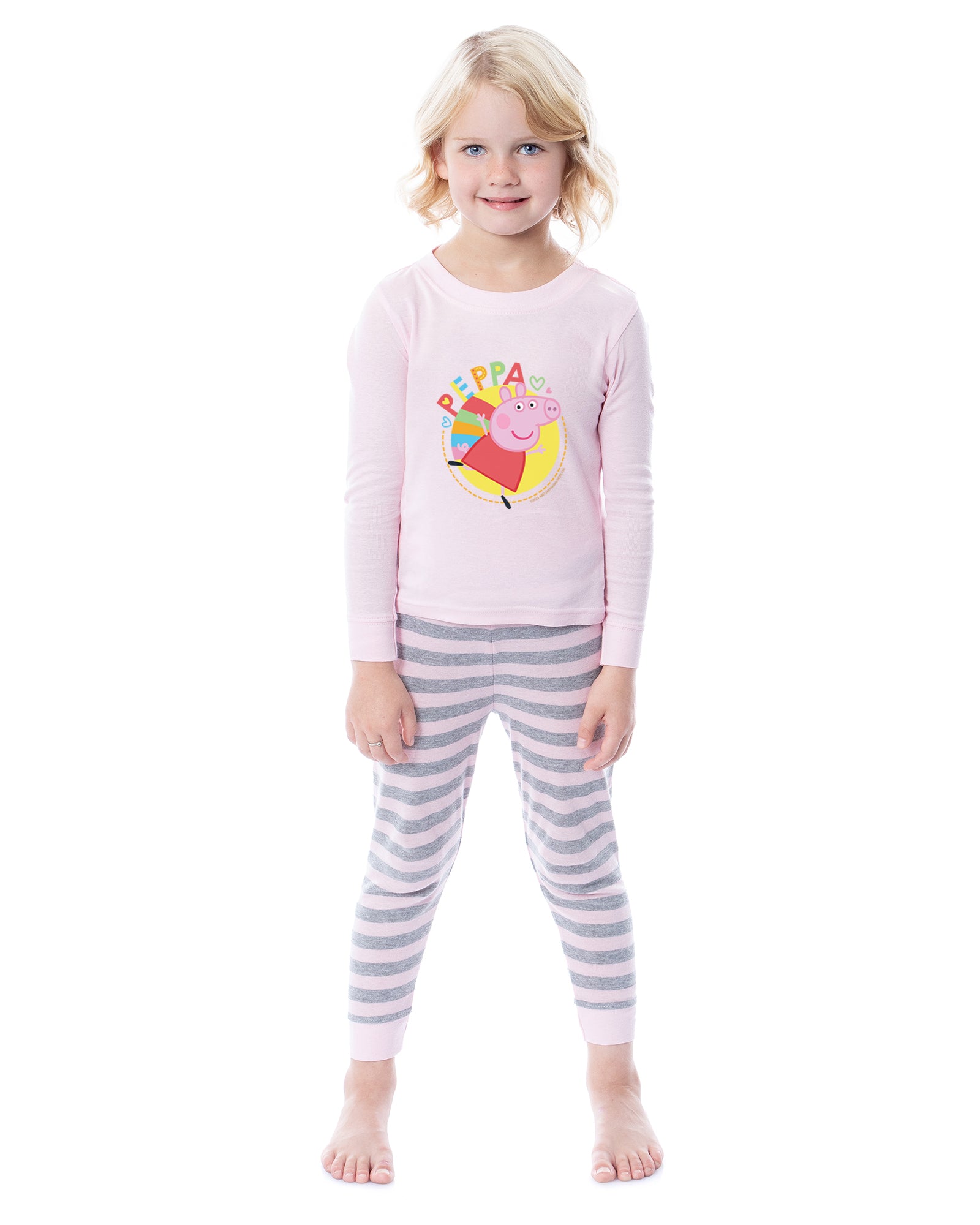 Peppa Pig Girls Pink and Grey Striped Pajamas Shirt and Pant Tight Fit Set