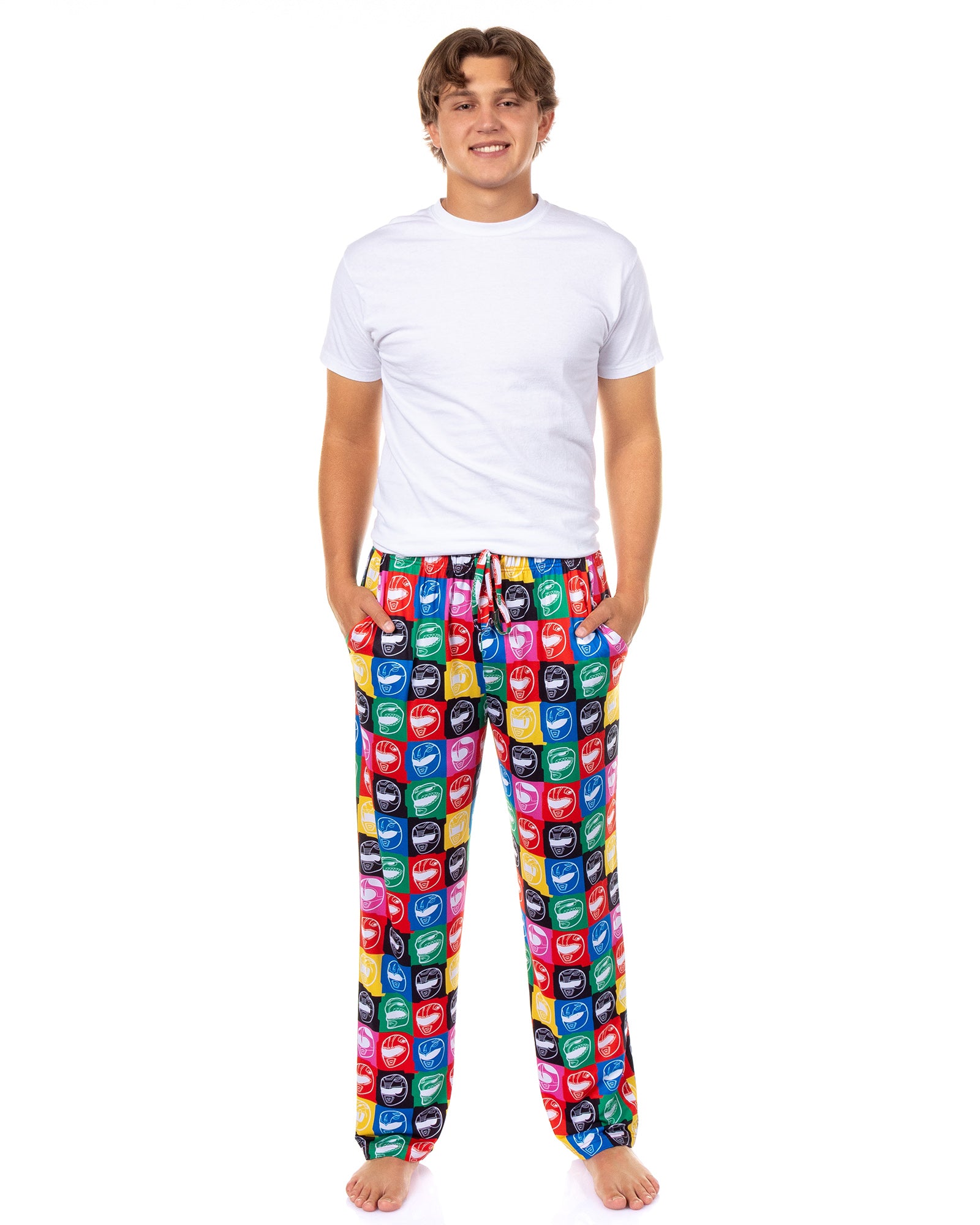 Mighty Morphin Power Rangers Pajama Pants Men's Helmet Grid Lounge Bottoms
