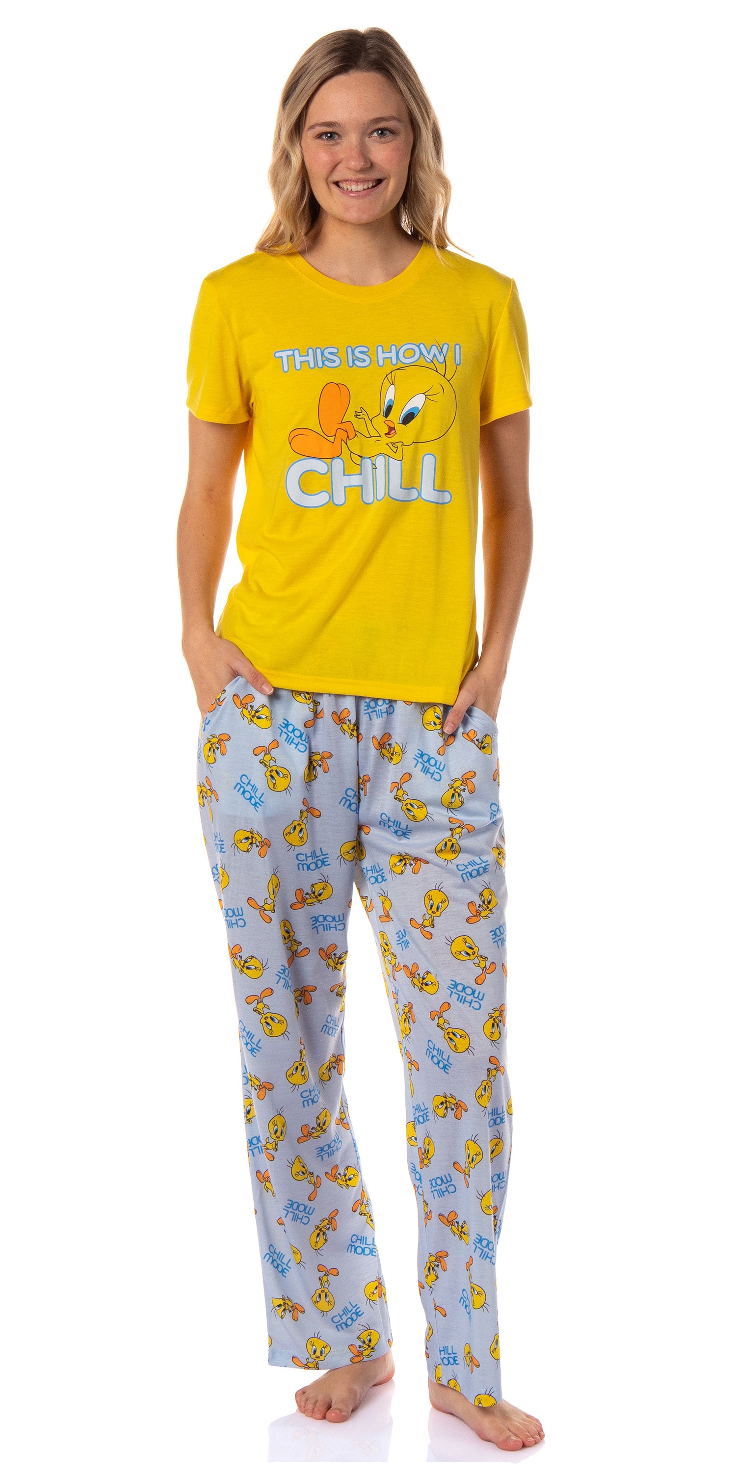 Looney Tunes Women's This Is How I Chill Tossed Tweety Bird Sleep Pajama Set
