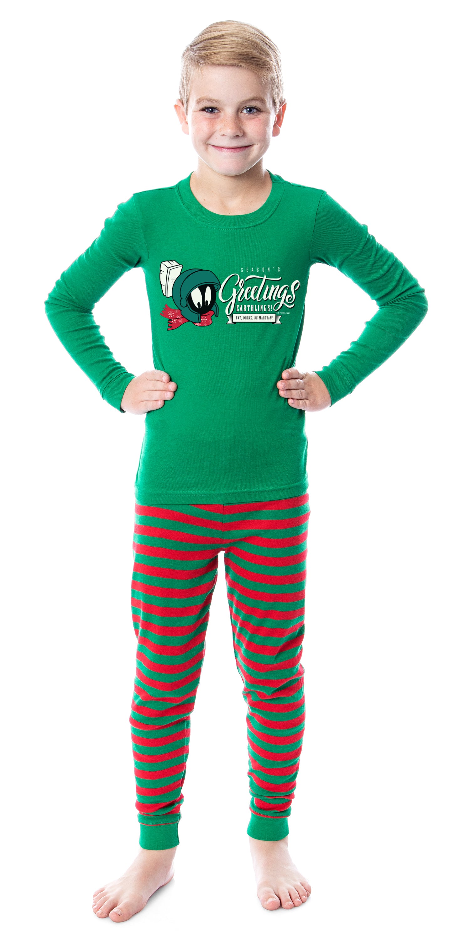 Looney Tunes Marvin the Martian Christmas Season's Greetings Character Tight Fit Matching Pajama Set