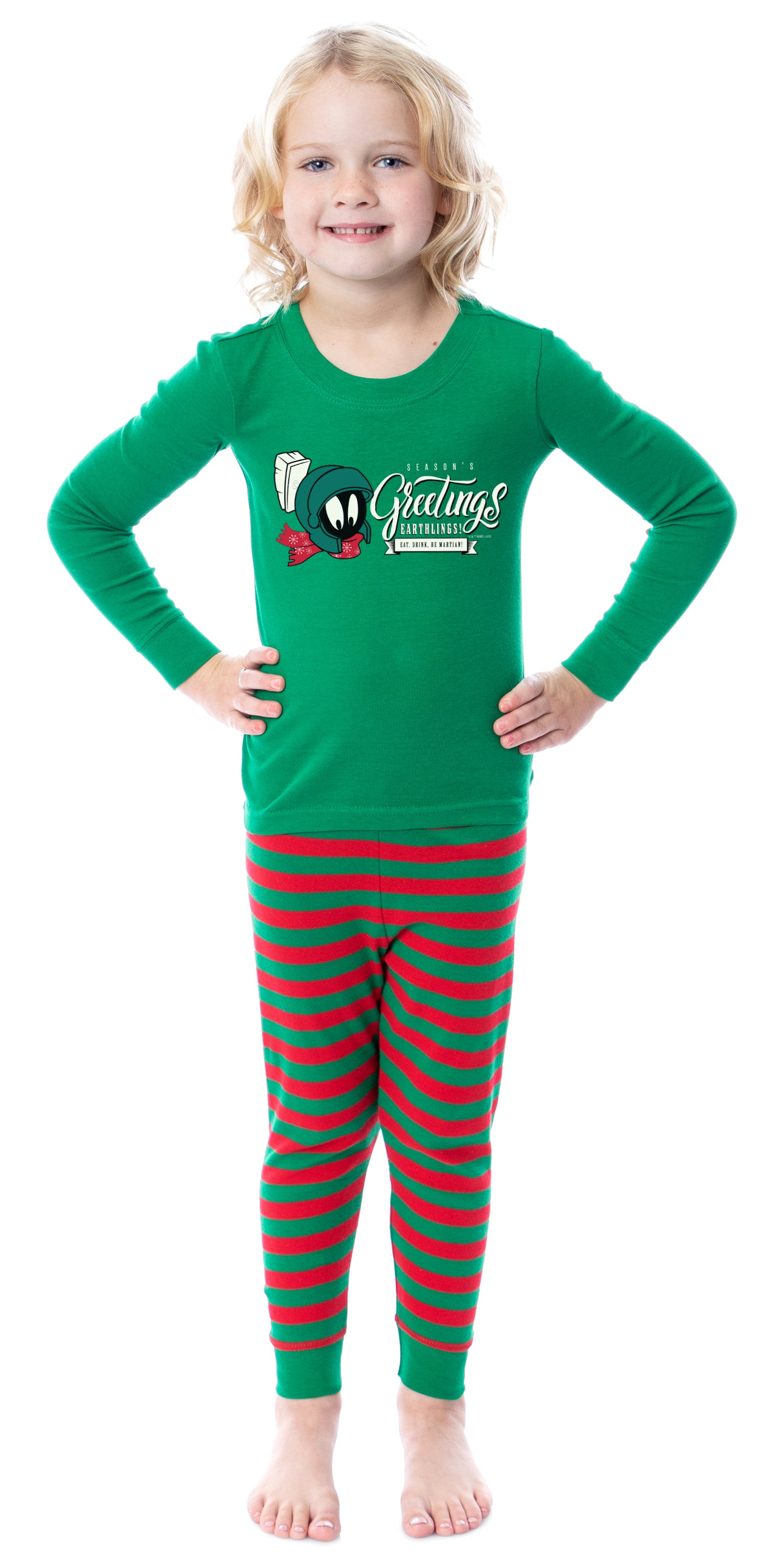 Looney Tunes Marvin the Martian Christmas Season's Greetings Character Tight Fit Matching Pajama Set