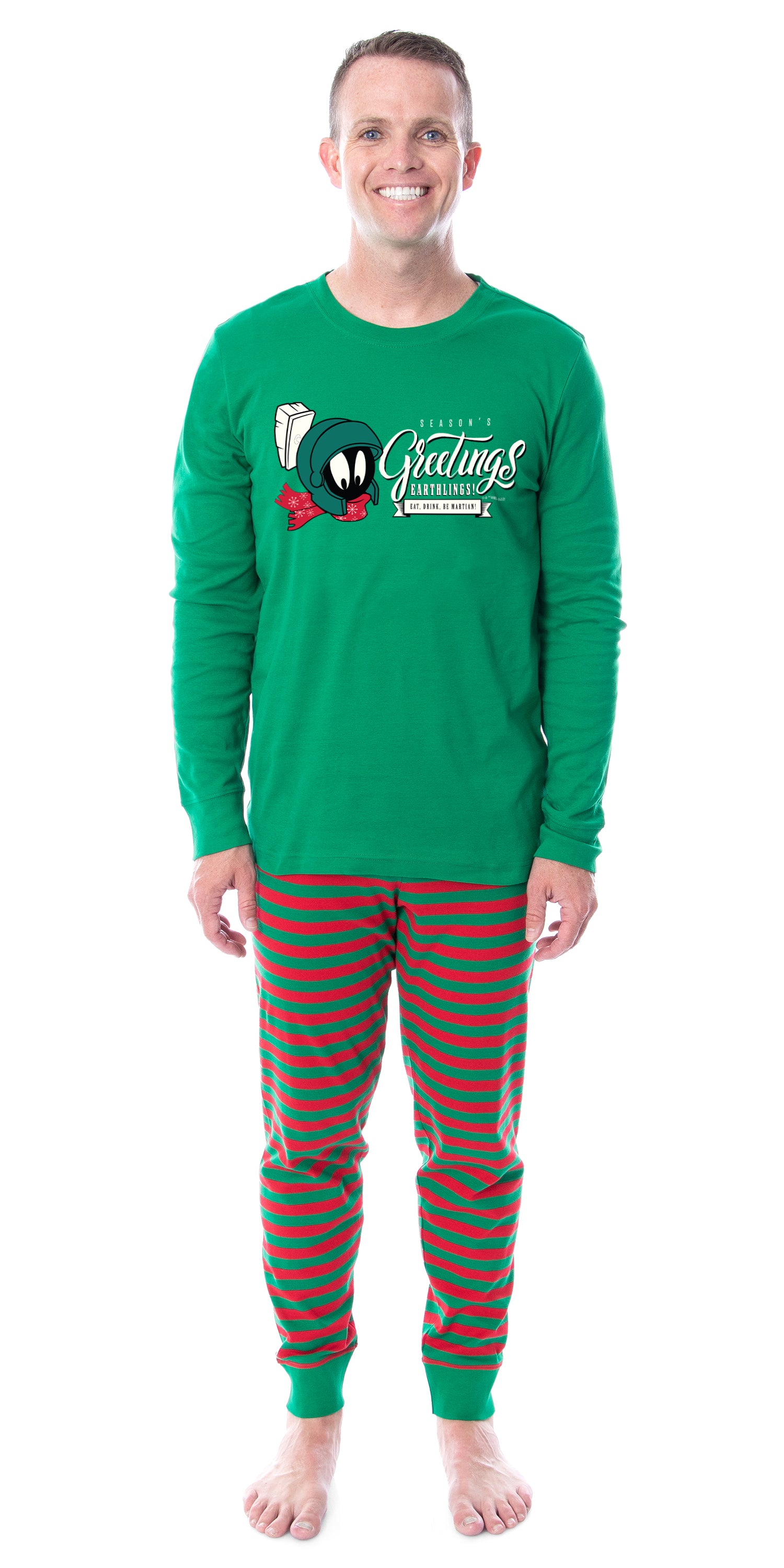 Looney Tunes Marvin the Martian Christmas Season's Greetings Character Tight Fit Matching Pajama Set