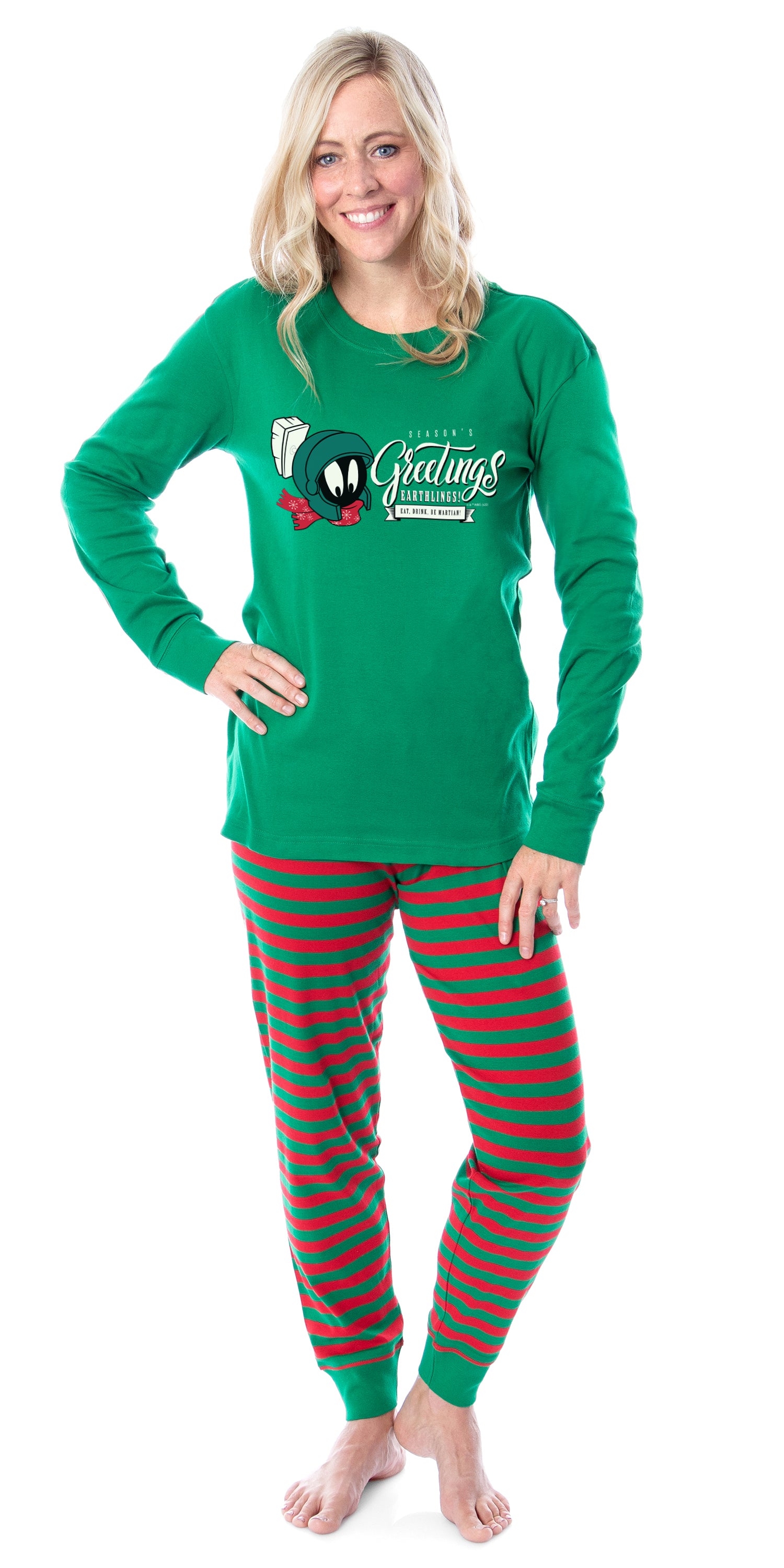 Looney Tunes Marvin the Martian Christmas Season's Greetings Character Tight Fit Matching Pajama Set