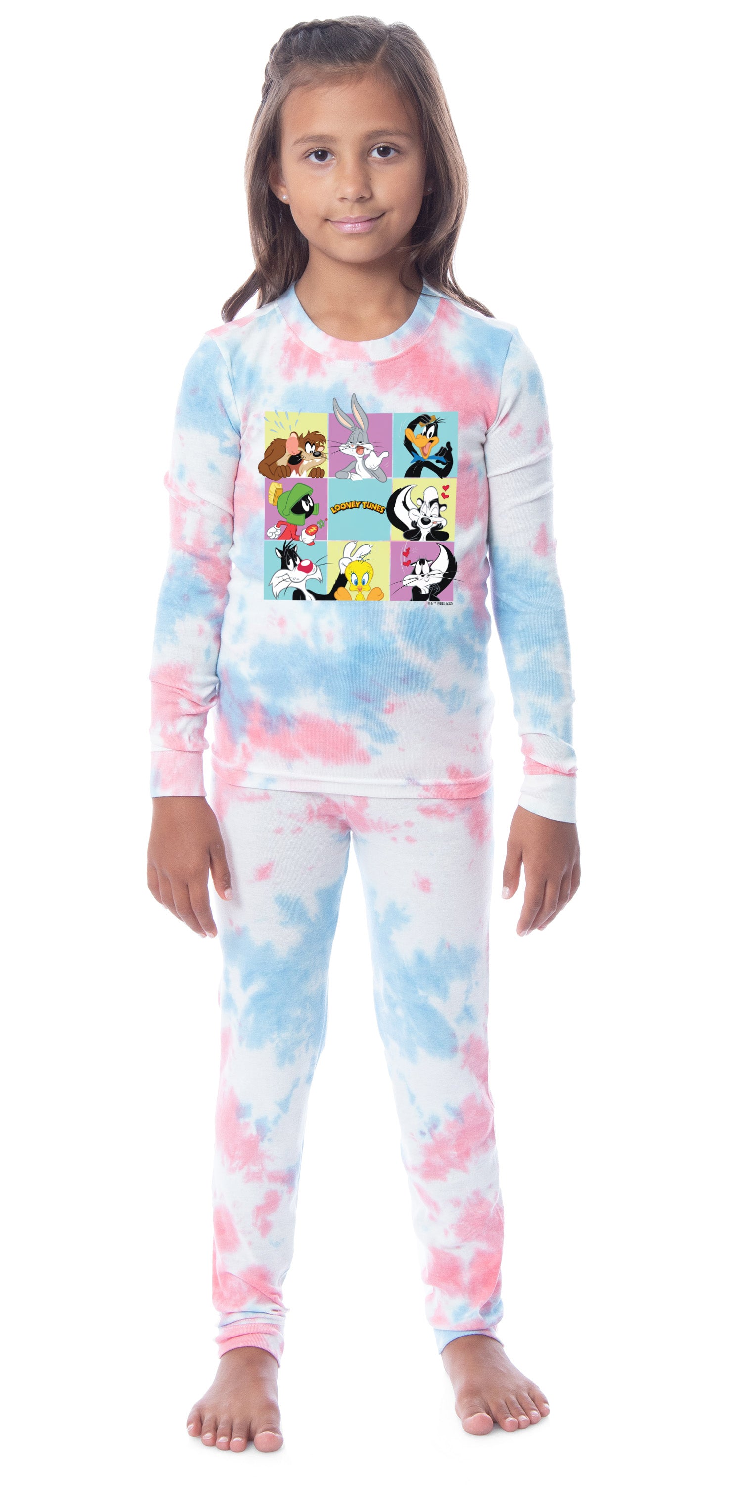 Looney Tunes Bugs Bunny Daffy Taz Marvin Tweety Character Squares Girls' Long Sleeve 2 Piece Tight Fit Pajama Set