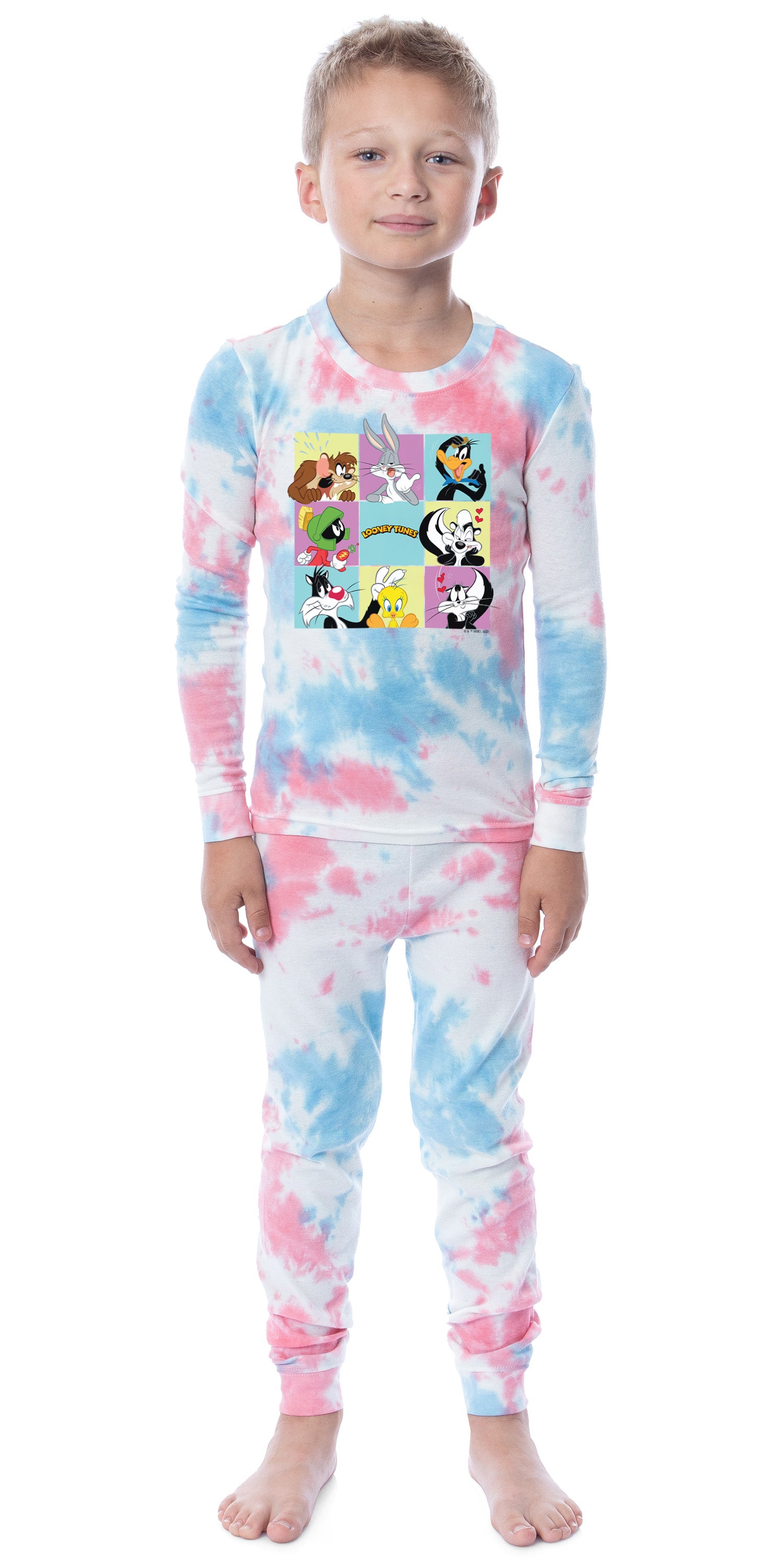 Looney Tunes Bugs Bunny Daffy Taz Marvin Tweety Character Squares Girls' Long Sleeve 2 Piece Tight Fit Pajama Set