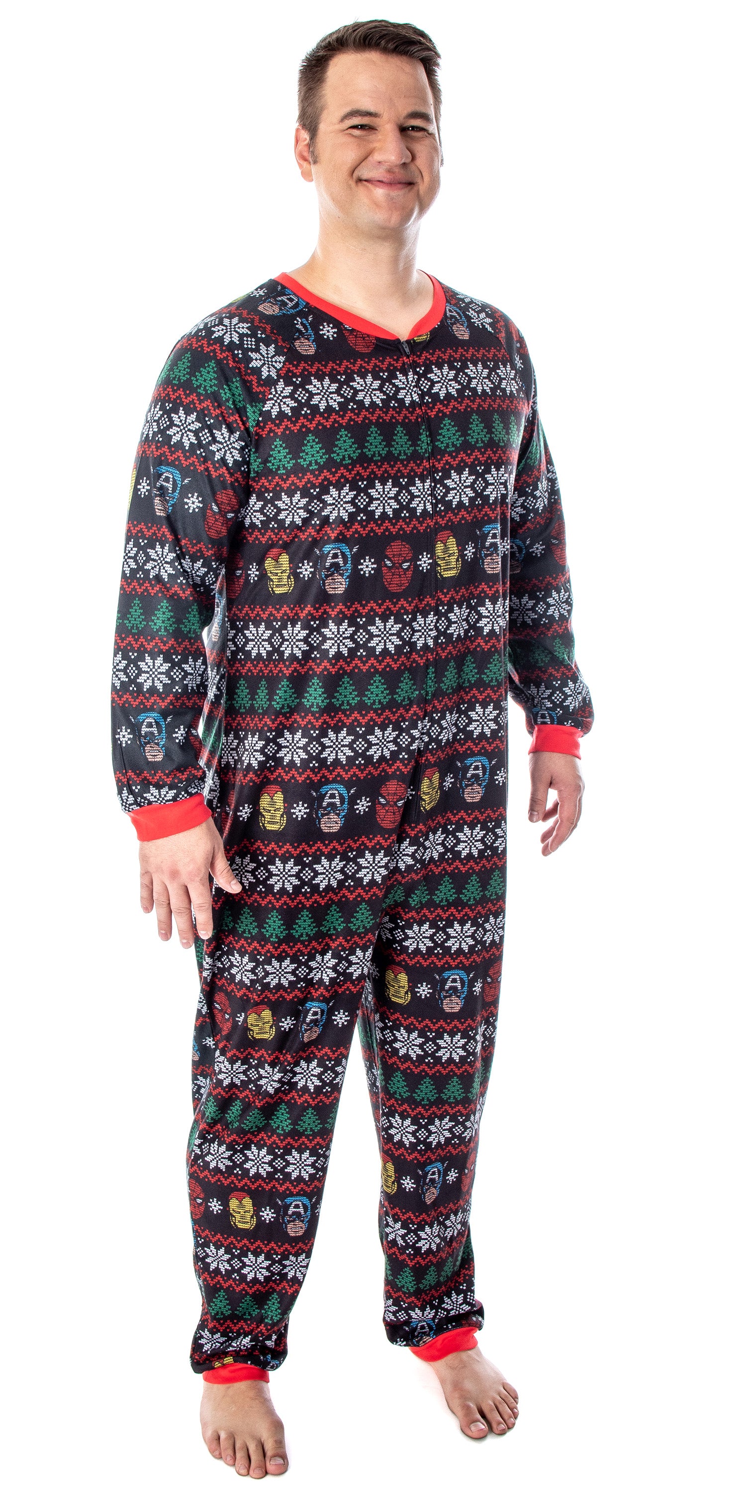 Marvel Adult Superhero Trio Ugly Sweater Print One Piece Pajama Union Suit